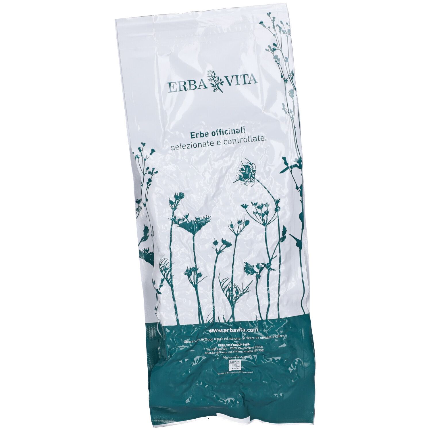 Confezione di Lavanda Fiori 1° Q. Logo Erba Vita. Illustrazioni di piante. Testo in italiano.