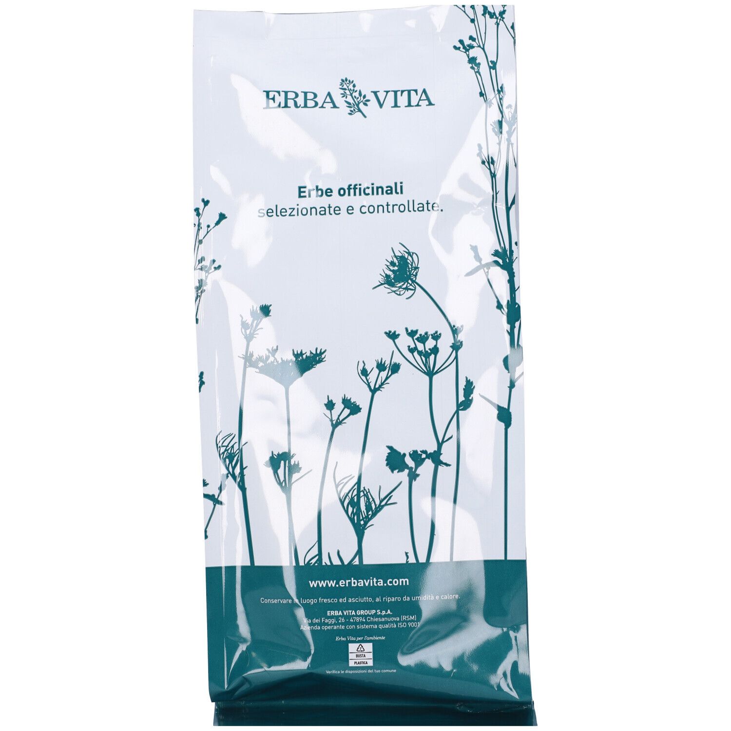 Busta trasparente con motivo floreale. Testo: Erba Vita, Erbe officinali selezionate e controllate. Indirizzo sito web.