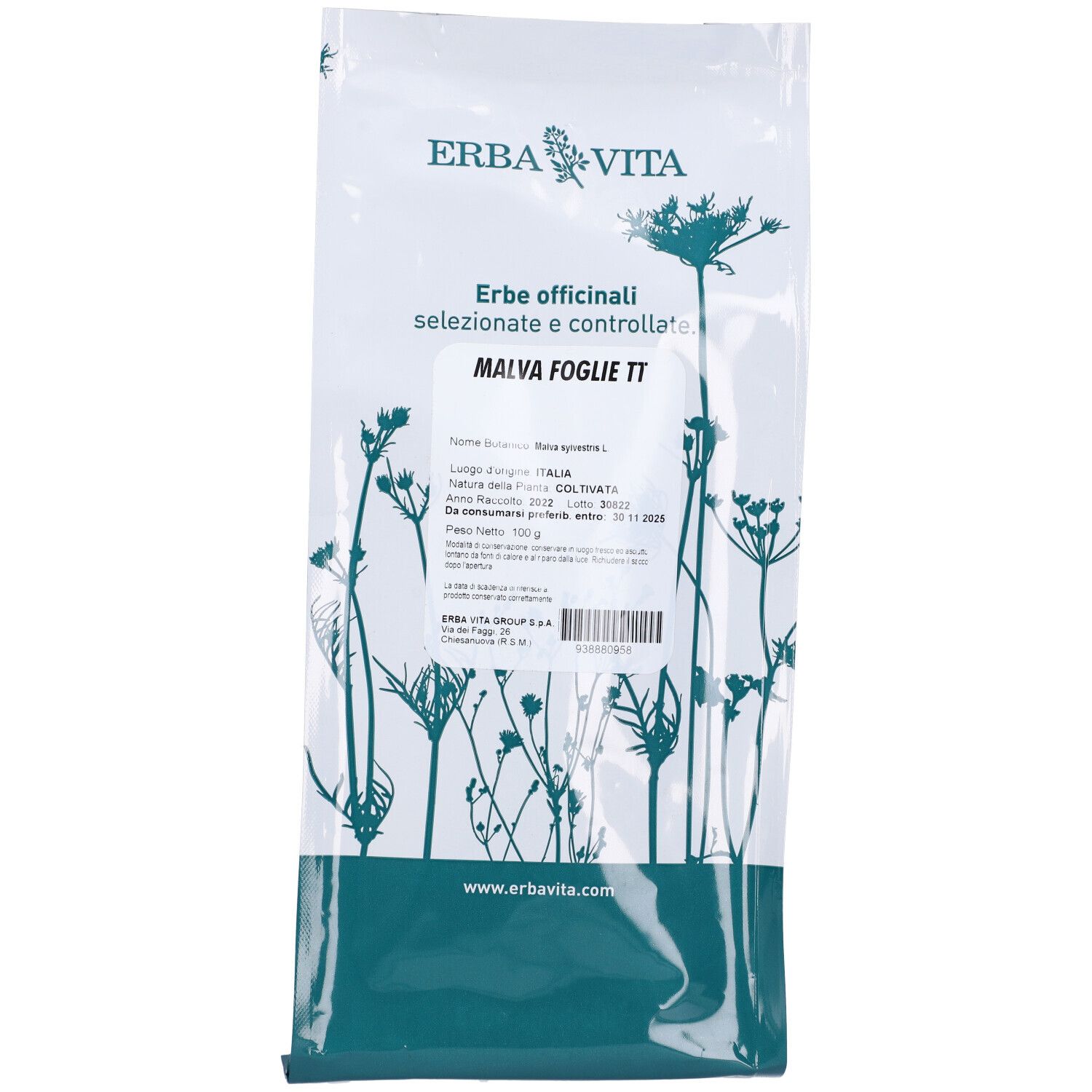 Busta di Malva Foglie TT. Testo: Erba Vita, Erbe officinali selezionate e controllate. Informazioni prodotto e indirizzo sito web.