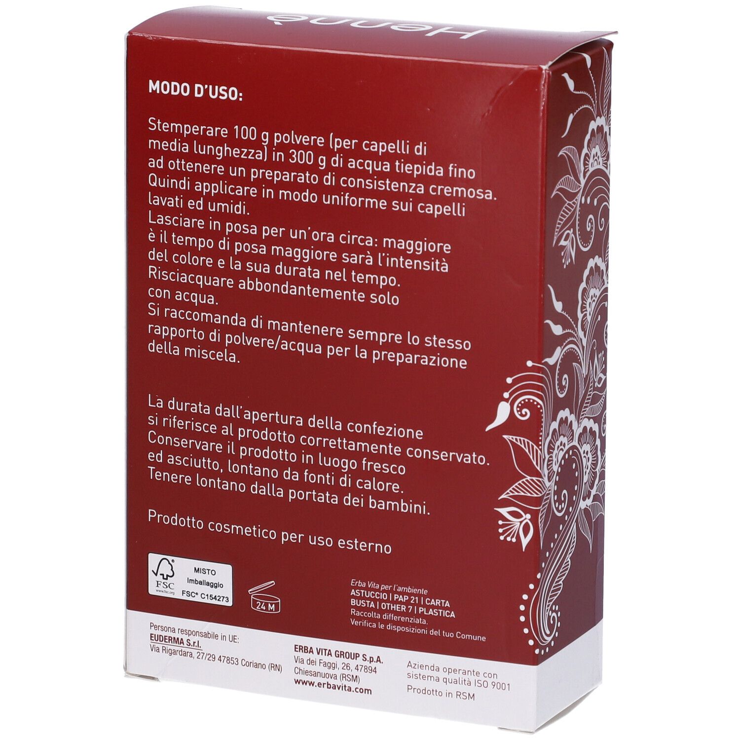 Retro scatola rossa Henne. Testo con istruzioni per l'uso. Motivi floreali e logo.