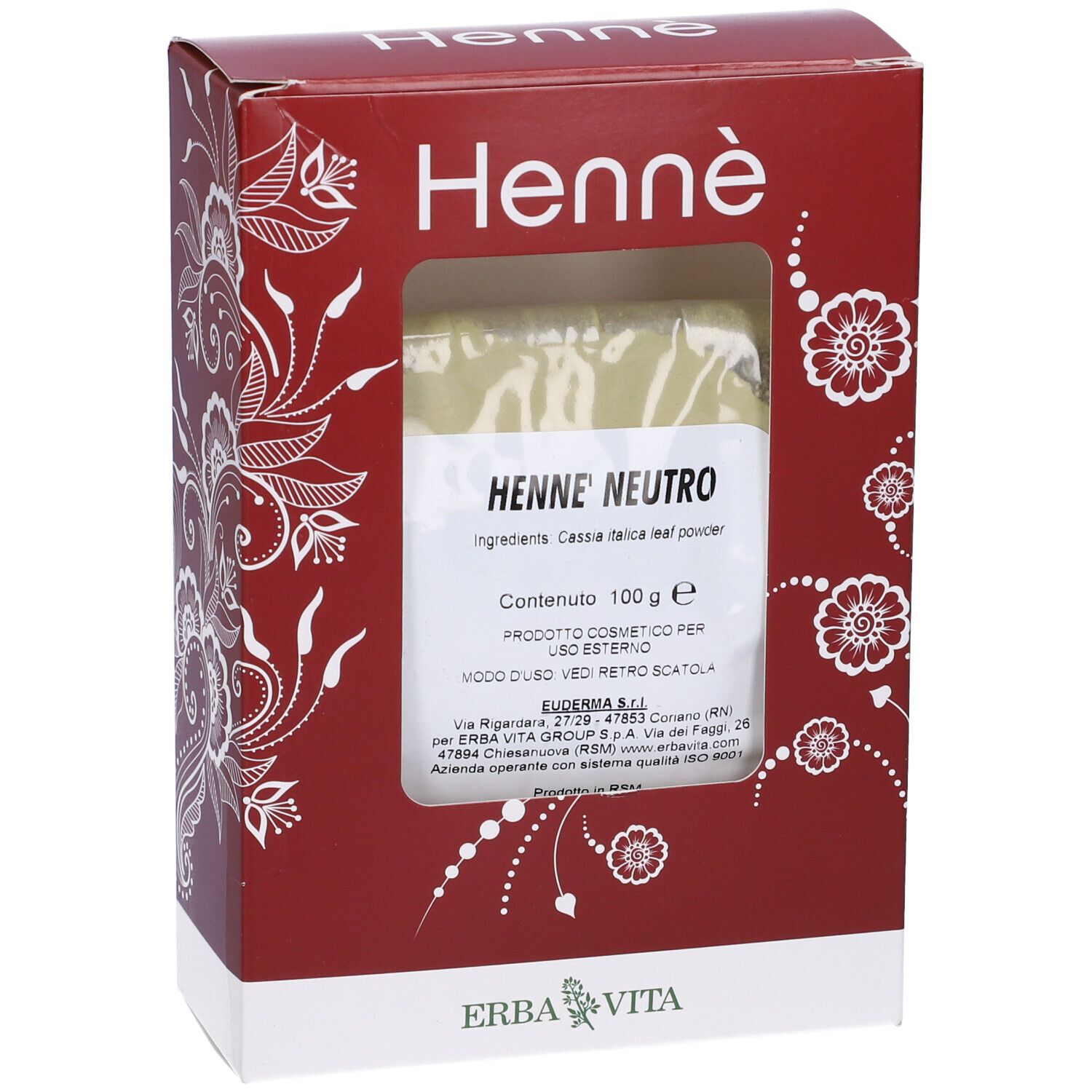Scatola rossa Henne con finestra. Bustina di polvere visibile. Motivi floreali e scritta Henne.