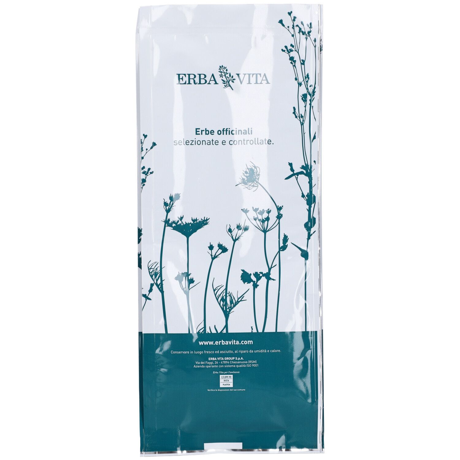 Sacco bianco con motivo floreale e testo Erbe officinali selezionate e controllate. Indirizzo del sito web e logo.