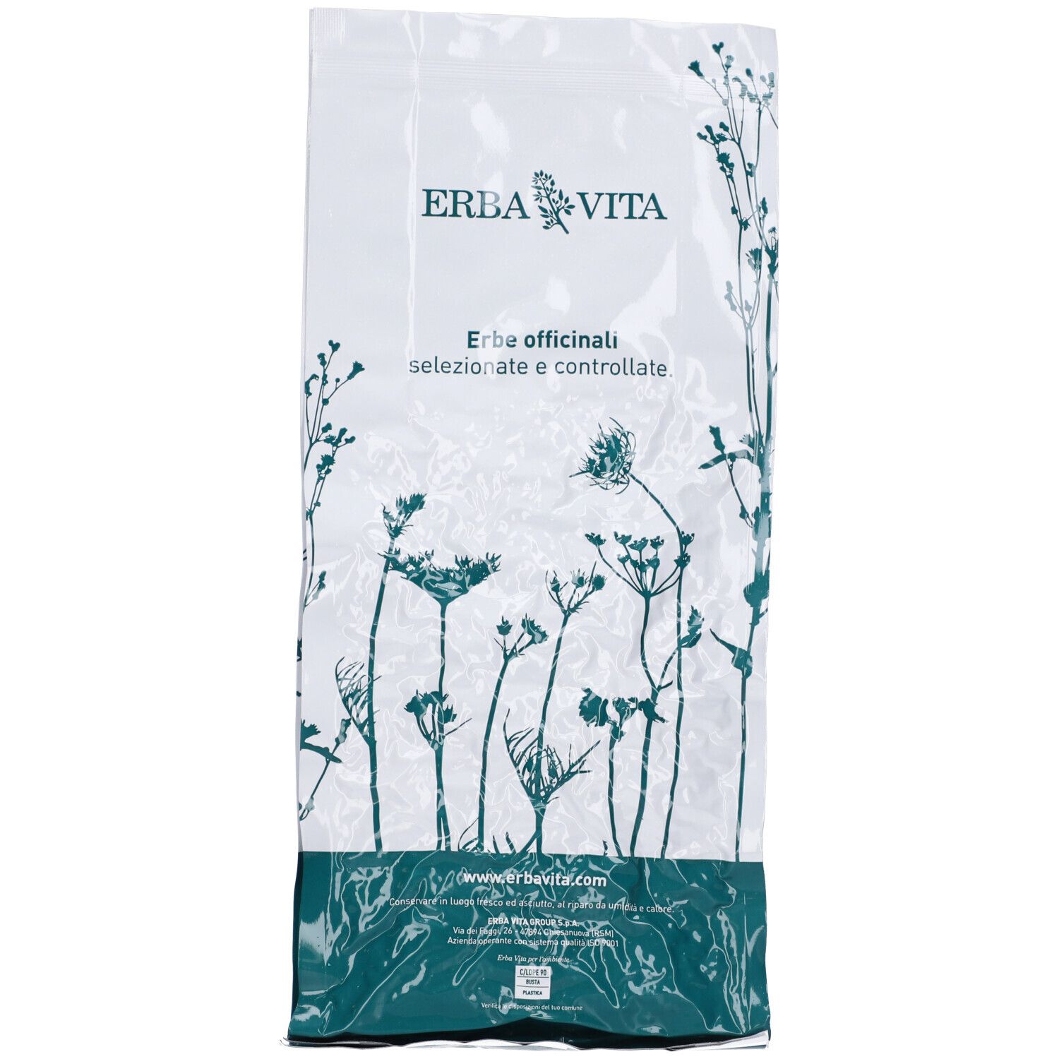 Confezione con erbe. Testo: Erba Vita. Motivo floreale verde e bianco. Imballaggio trasparente.