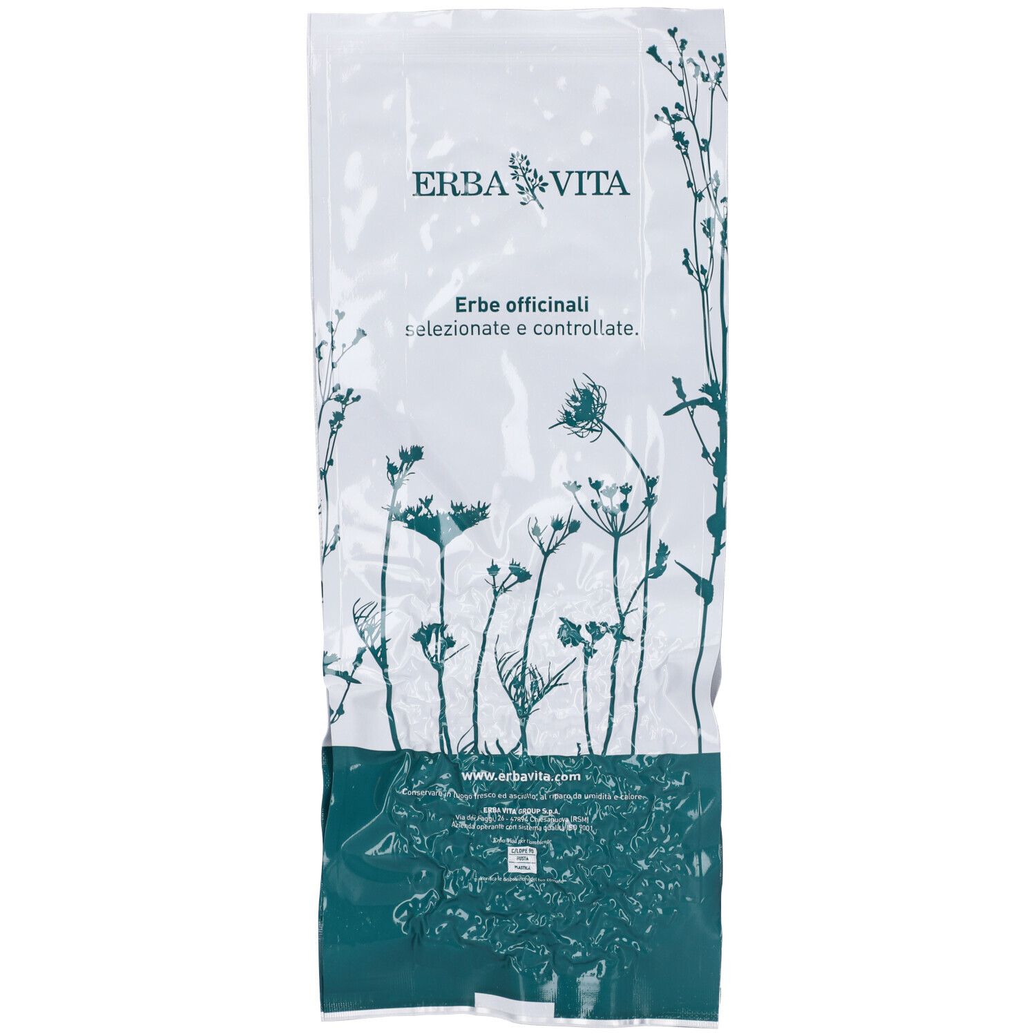 Confezione di erbe. Testo: Erba Vita, Erbe officinali selezionate e controllate.