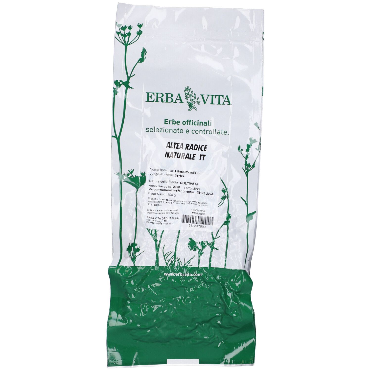 Confezione trasparente con erbe. Scritta: Erba Vita, Altea Radice Naturale TT. Illustrazioni di piante.