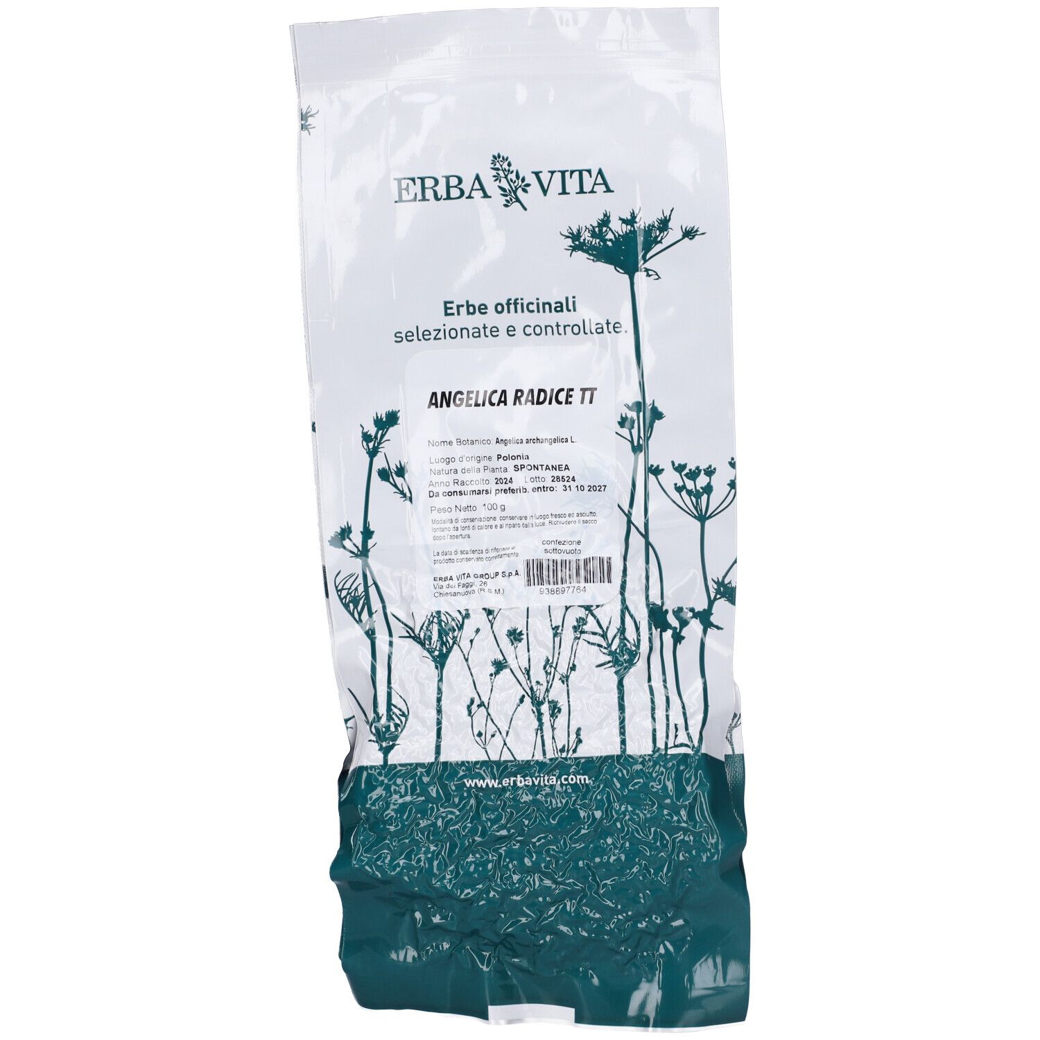 Confezione di erbe. Scritta: ERBA VITA. Testo: ANGELICA RADICE TT. Confezione bianca trasparente con motivo floreale e codice a barre.