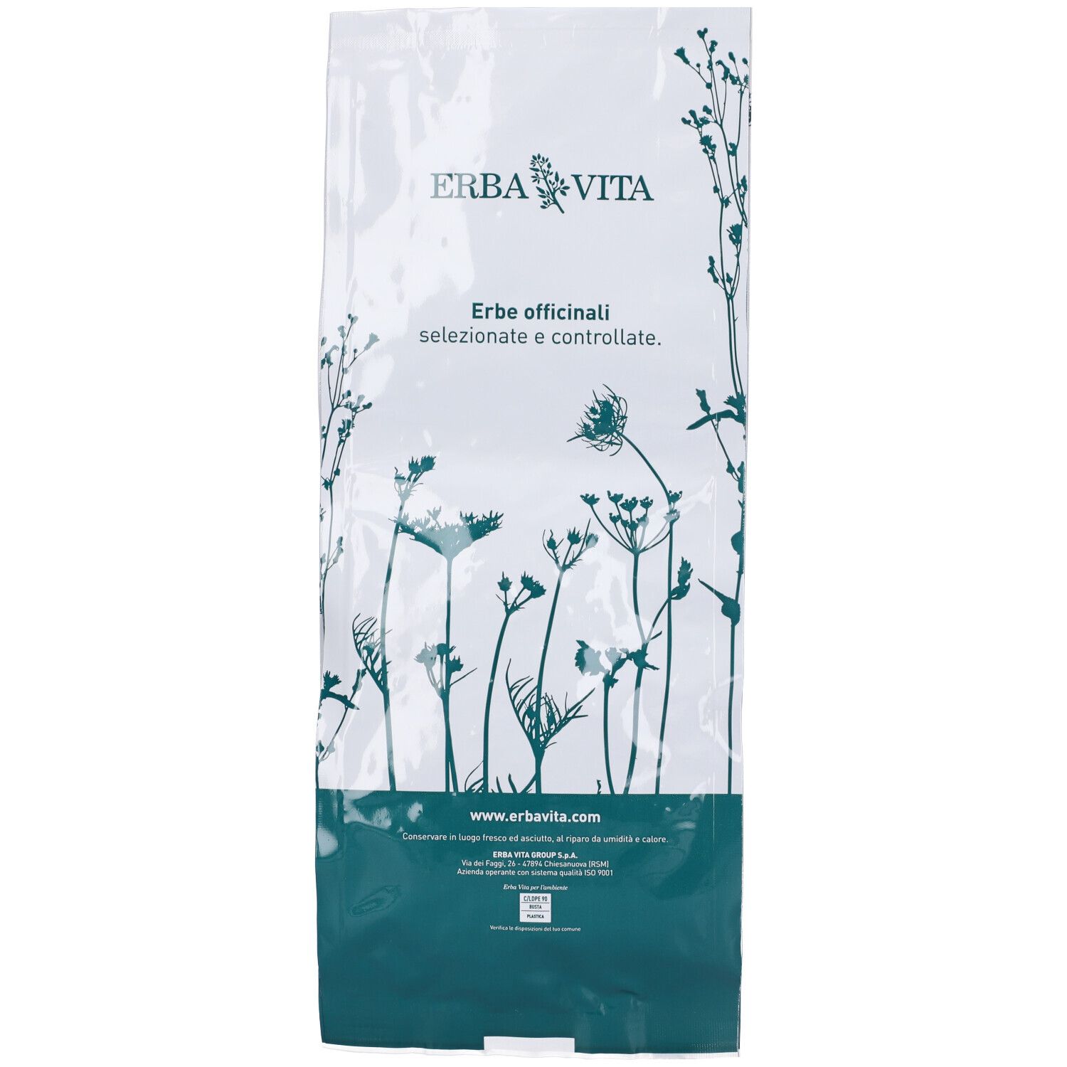 Confezione di ANICE STELLATO SELEZIONATO. Busta bianca con motivi floreali e informazioni sul prodotto. Marchio: Erba Vita.