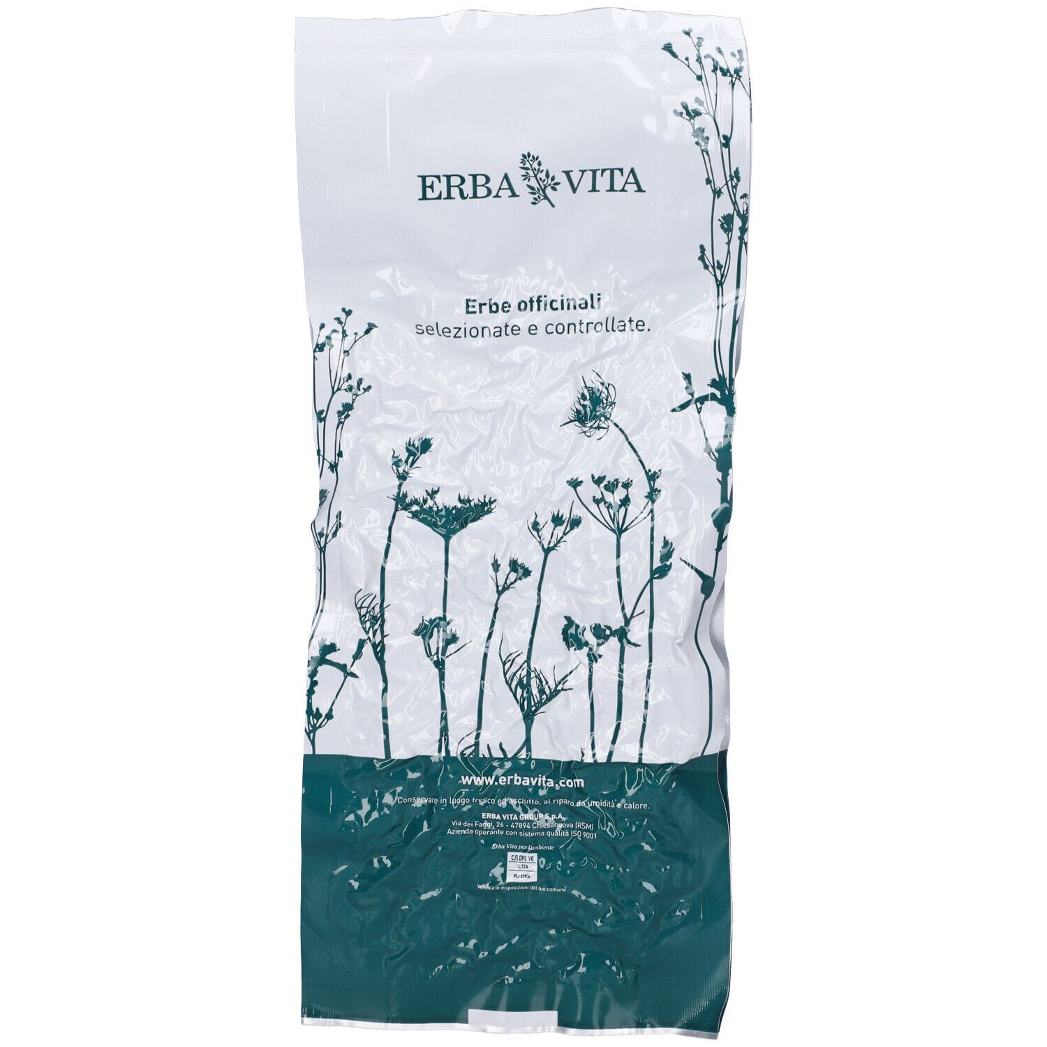 Busta di erbe. Scritta: ERBA VITA. Testo: Erbe officinali selezionate e controllate. Motivo floreale.