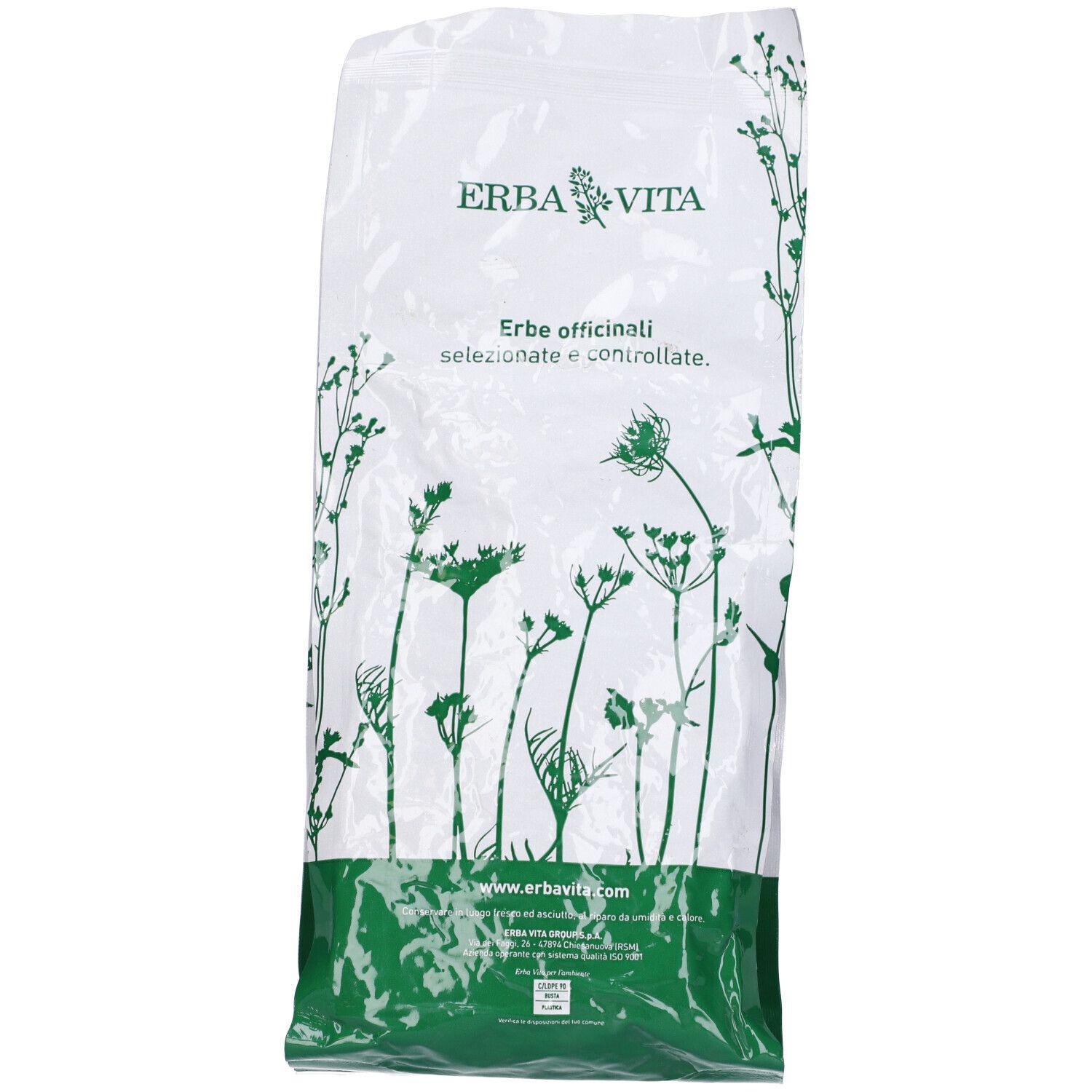 Busta bianca con erbe e design floreale. Testo: 'ERBA VITA' e 'Erbe officinali selezionate e controllate'.