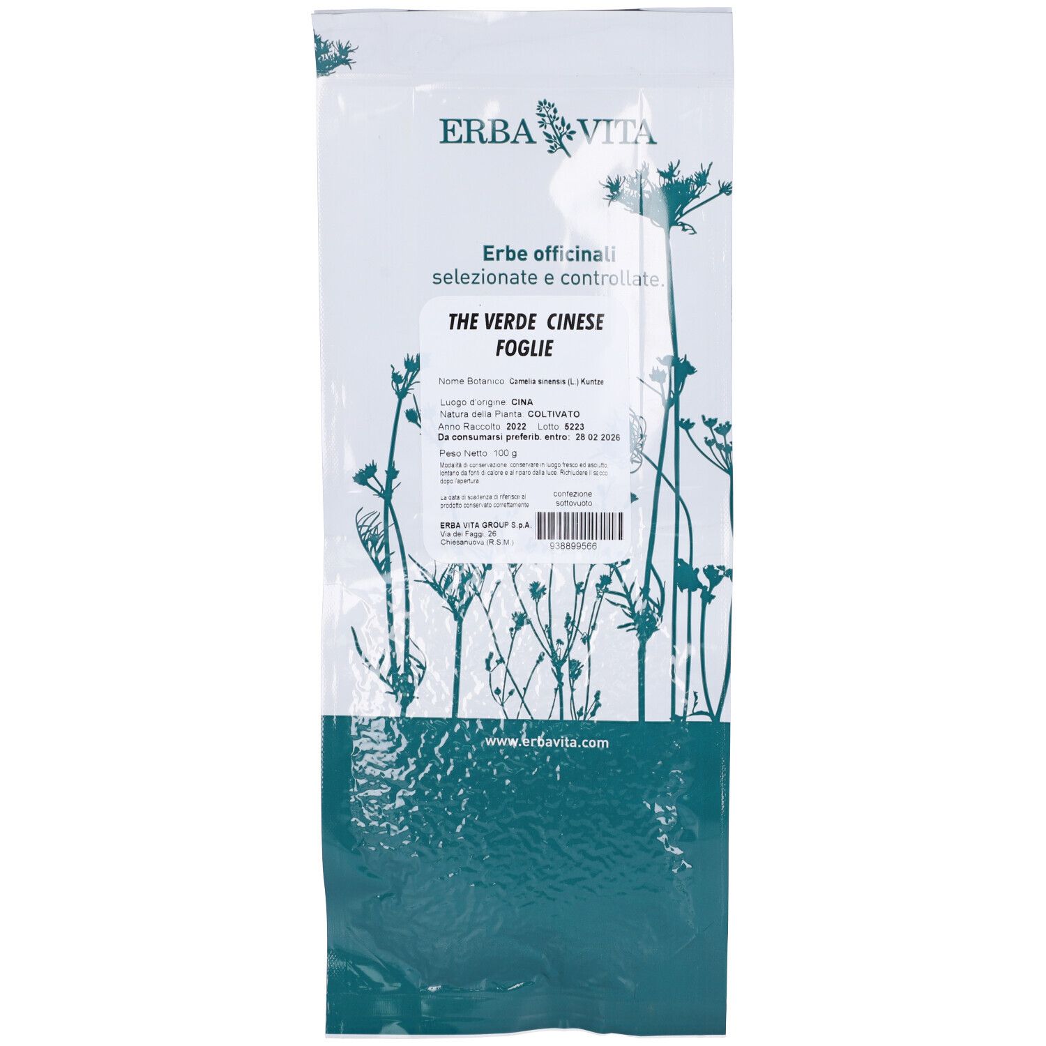 Confezione di tè verde. Scritta: Erba Vita, Té Verde Cinese, Foglie. Illustrazioni di erbe.