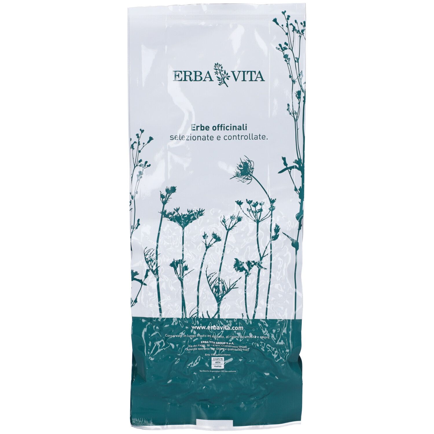 Confezione trasparente con erbe. Scritta: Erba Vita, Tiglio Infiorescenza TT. Etichetta con informazioni sul prodotto.