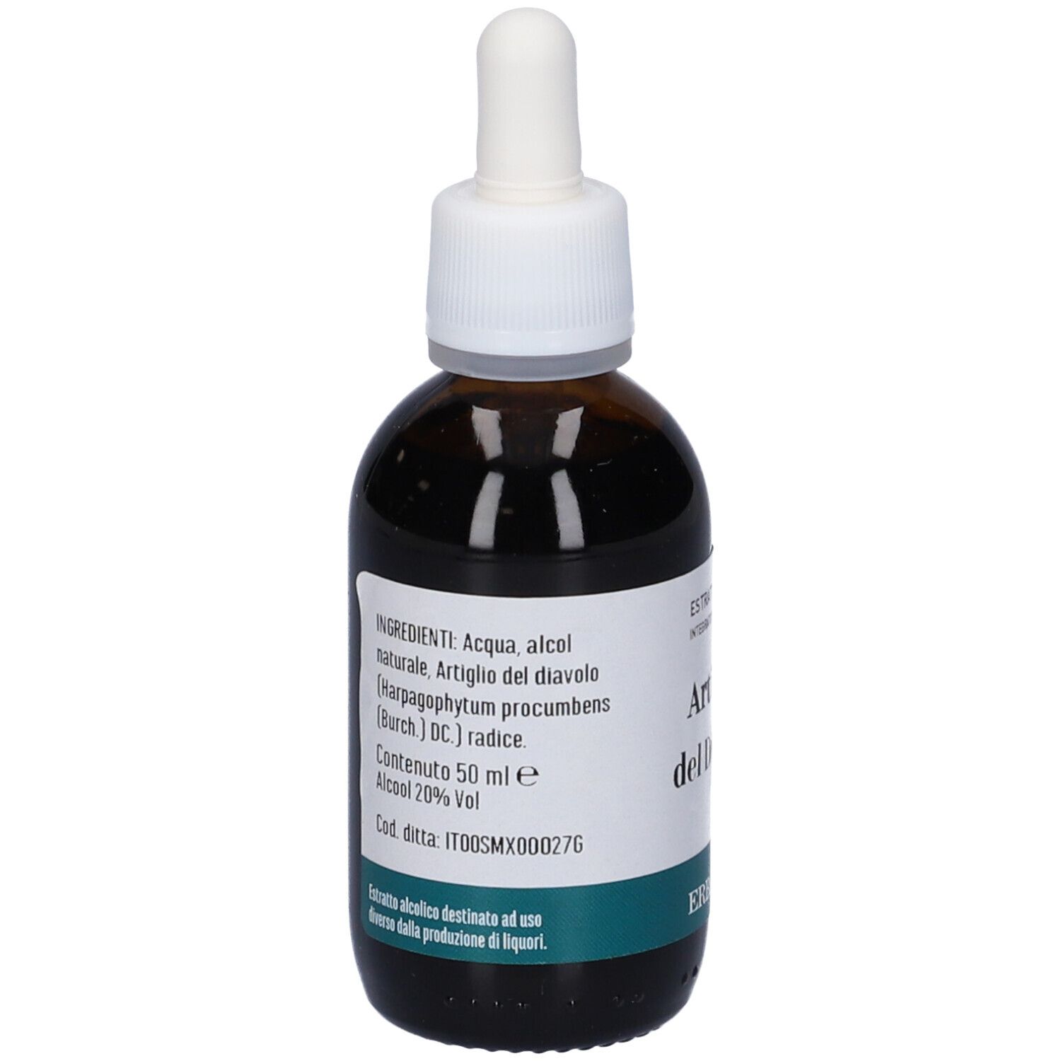 Flacone di vetro marrone con tappo bianco e contagocce. Etichetta con ingredienti e informazioni sul prodotto. Etichetta verde e bianca in basso.