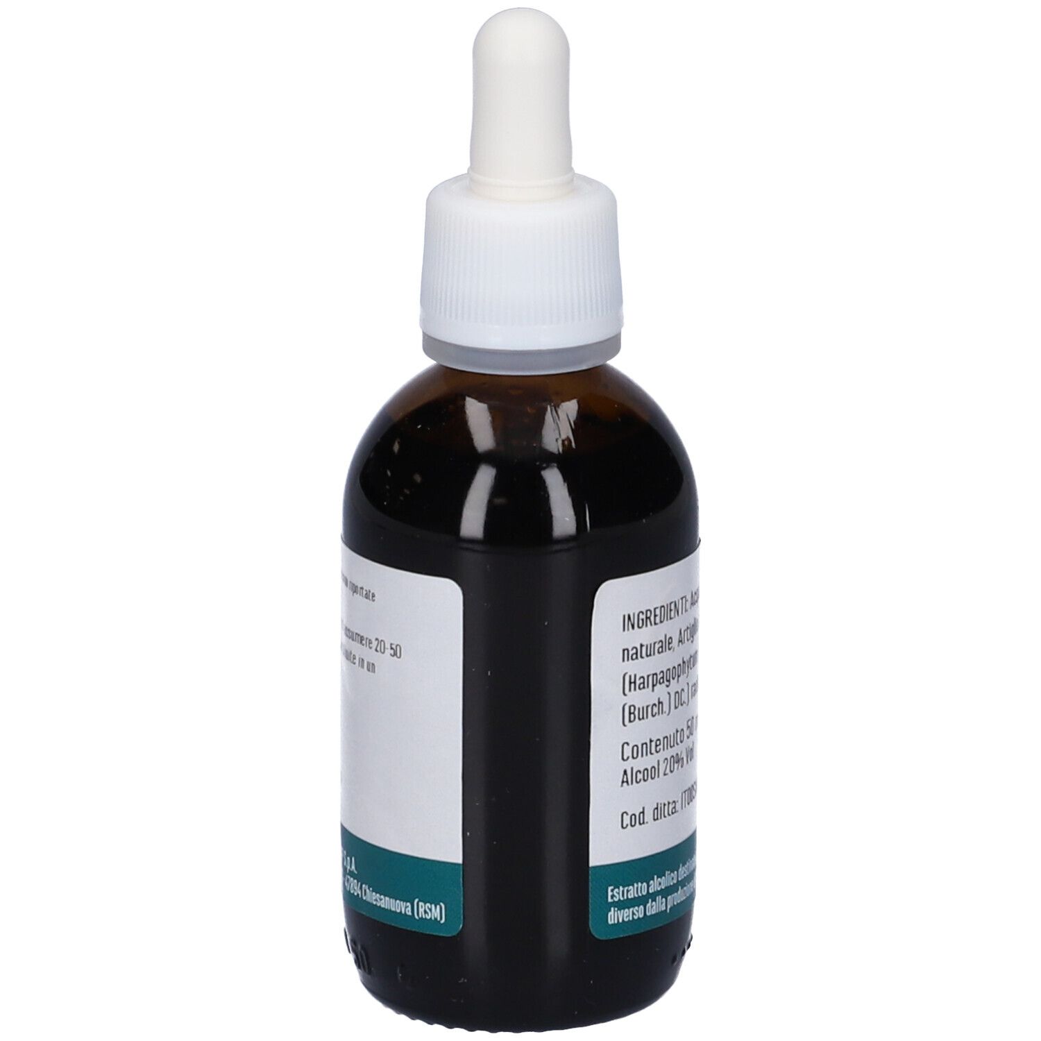 Flacone di vetro marrone con tappo bianco e contagocce. Etichetta con informazioni sul prodotto. Etichetta verde e bianca in basso. Vista laterale.