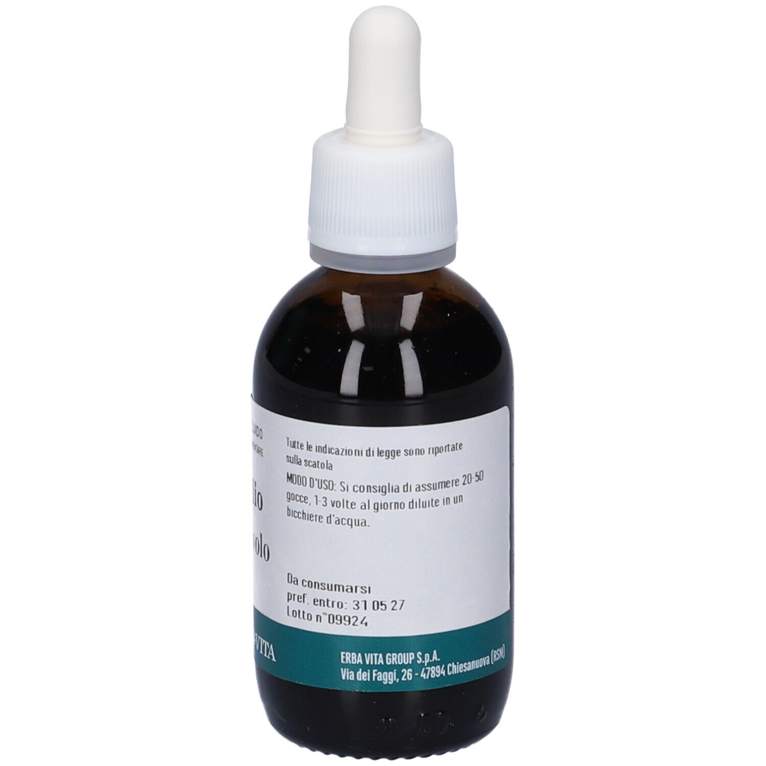 Flacone di vetro marrone con tappo bianco e contagocce. Etichetta con informazioni sul prodotto. Etichetta verde e bianca in basso.