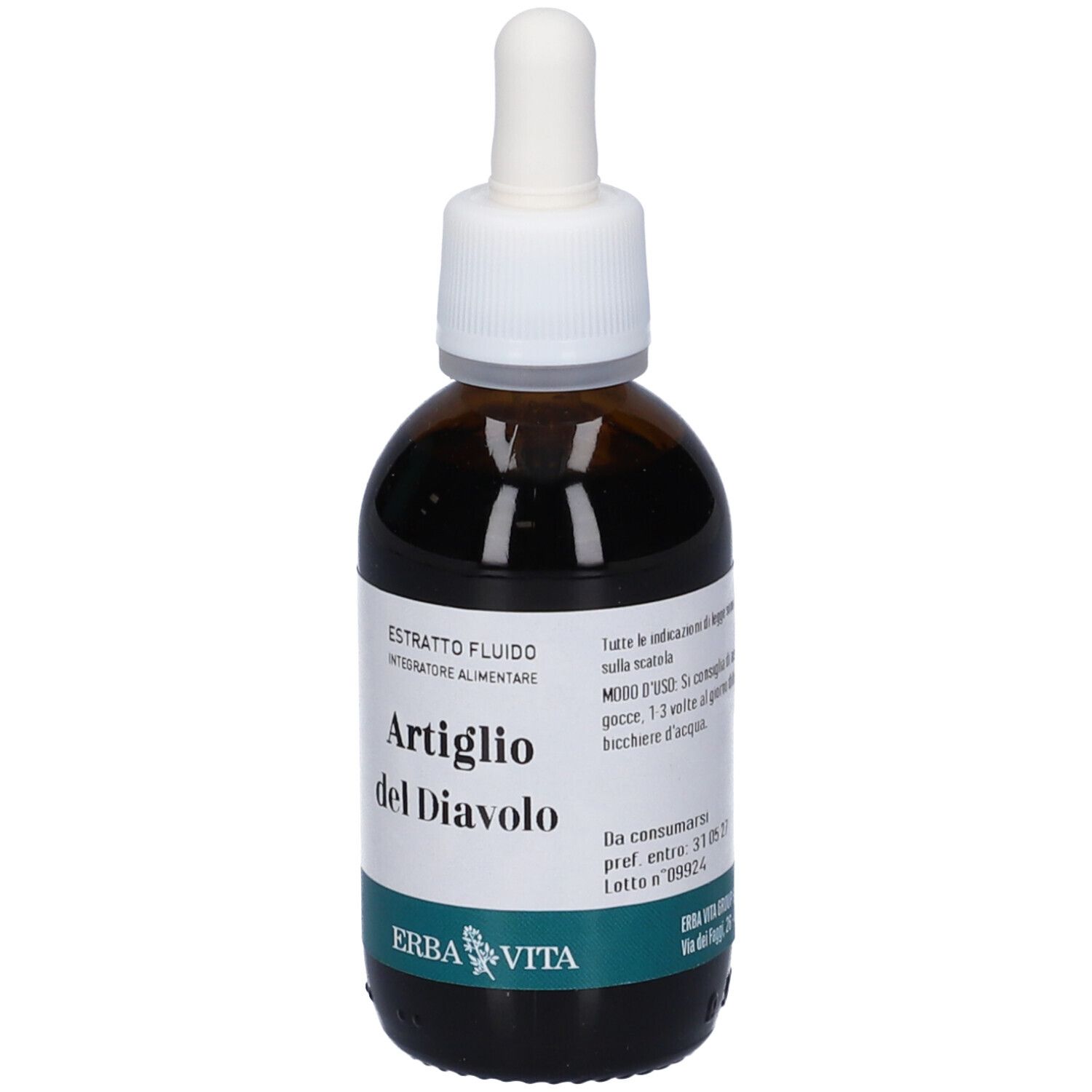 Flacone di vetro marrone con tappo bianco e contagocce. Etichetta con informazioni sul prodotto. Etichetta verde e bianca in basso.