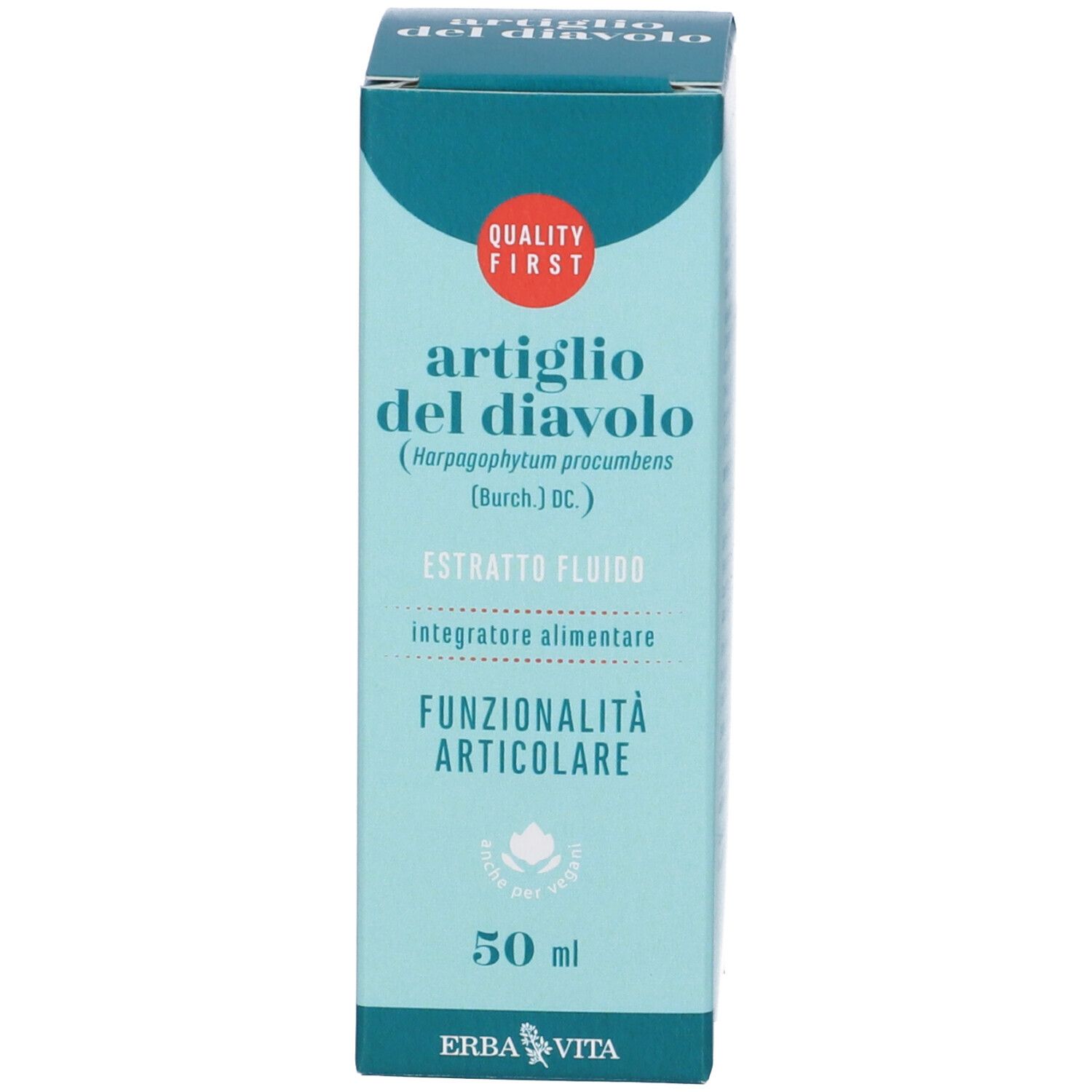 Confezione del prodotto. Scatola rettangolare con nome del prodotto e logo. Design verde e bianco. Sigillo di qualità.