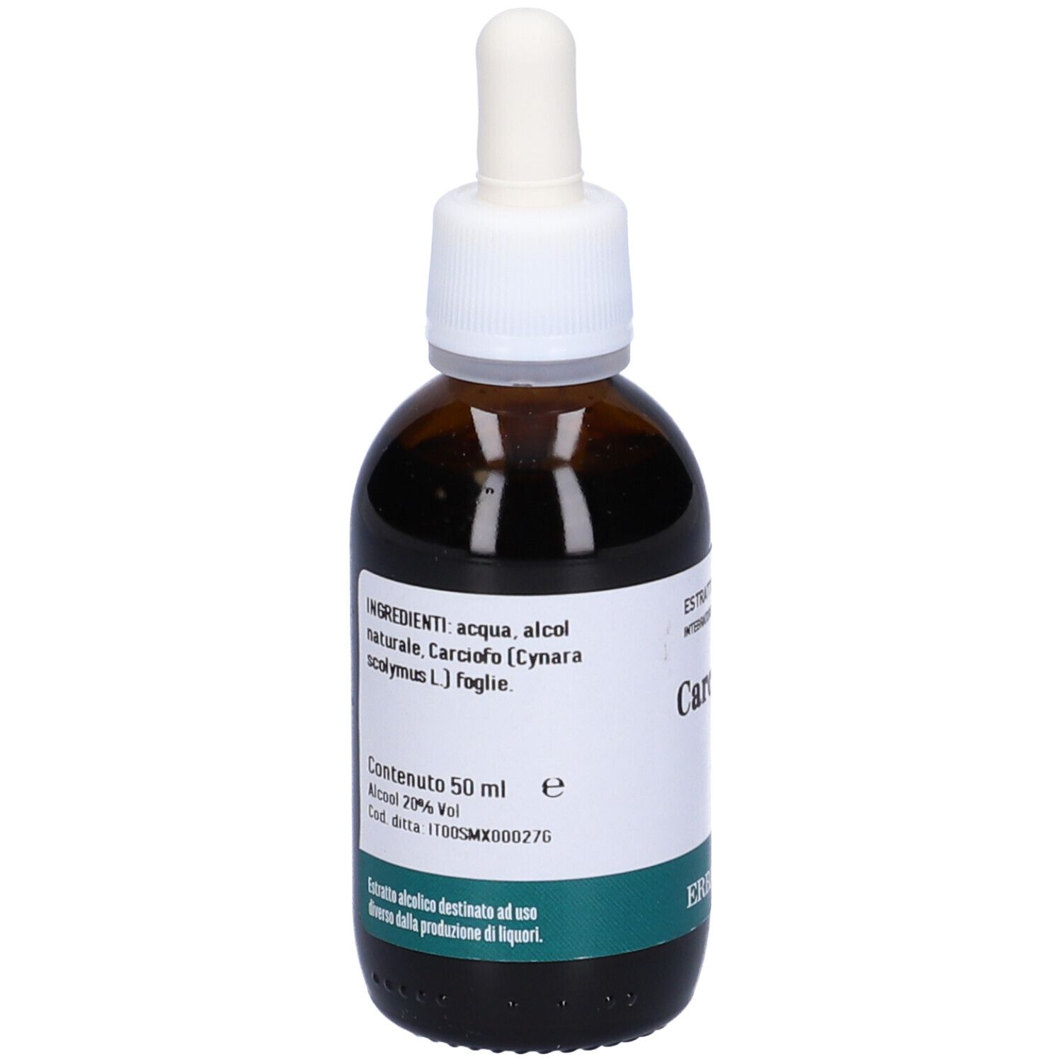 Flacone di vetro marrone con contagocce. Etichetta con testo: Carciofo, Estratto Fluido, Integratore Alimentare. Contiene 50 ml.