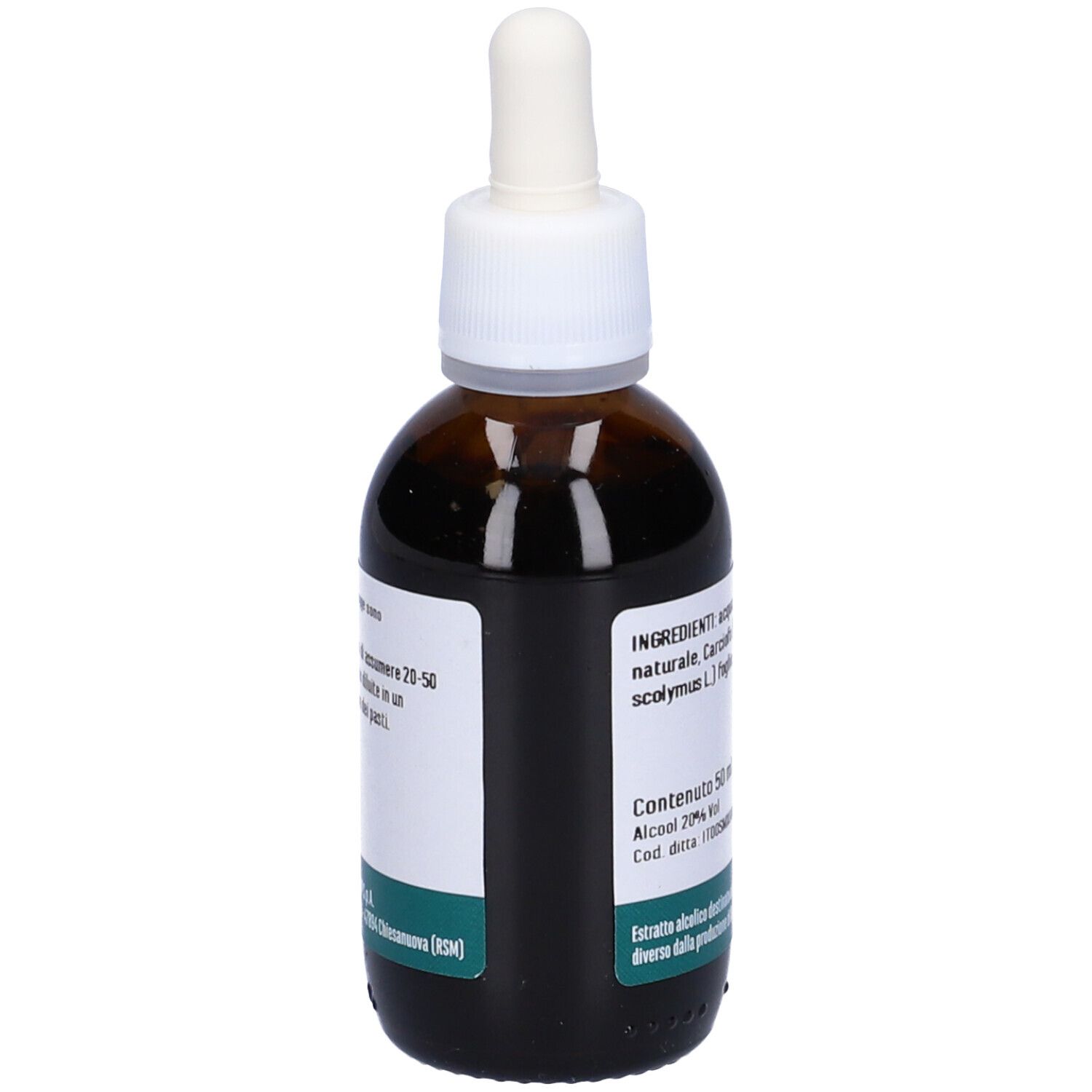 Flacone di vetro marrone con contagocce. Etichetta con testo: Carciofo, Estratto Fluido, Integratore Alimentare. Contiene 50 ml.