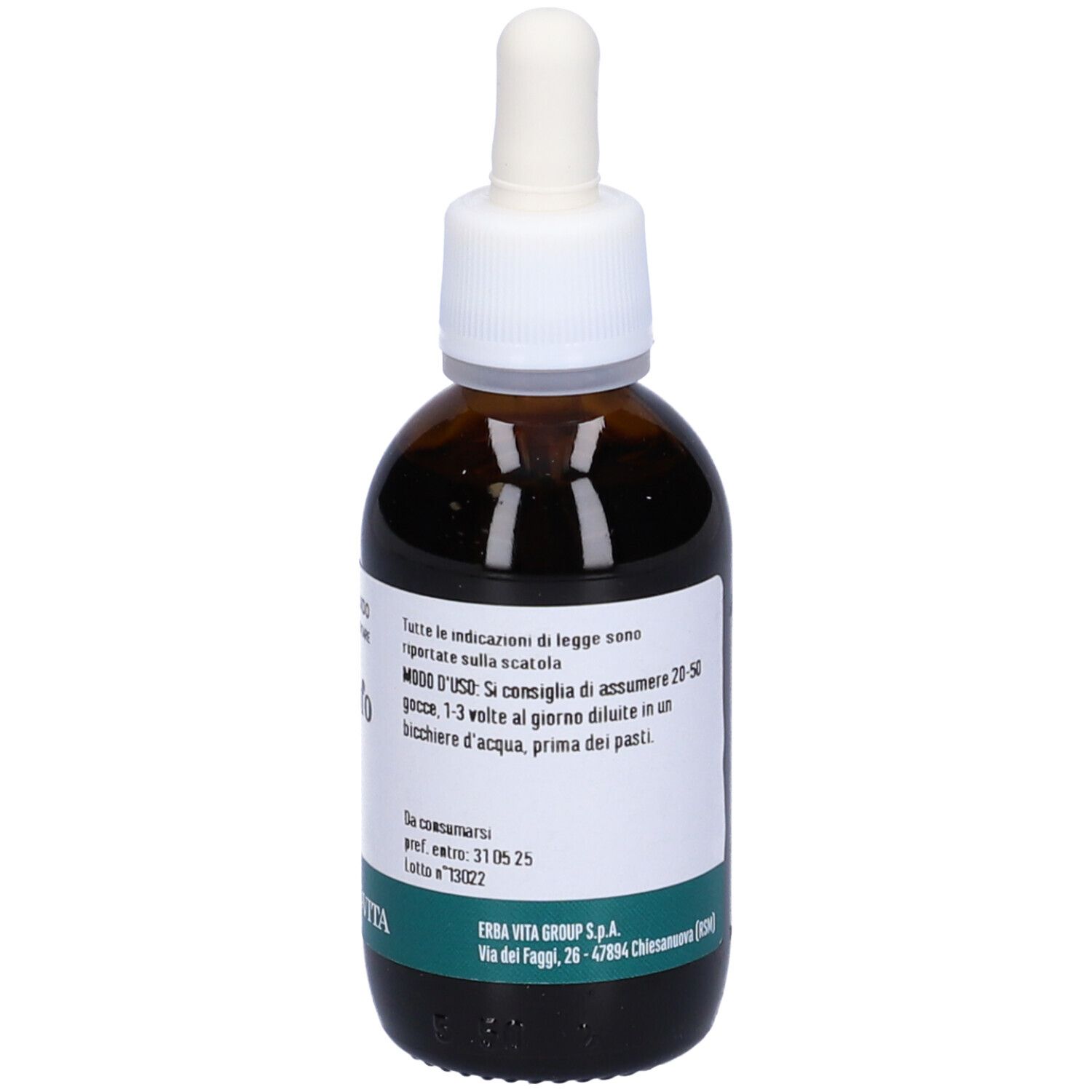 Flacone di vetro marrone con contagocce. Etichetta con testo: Carciofo, Estratto Fluido, Integratore Alimentare. Contiene 50 ml.