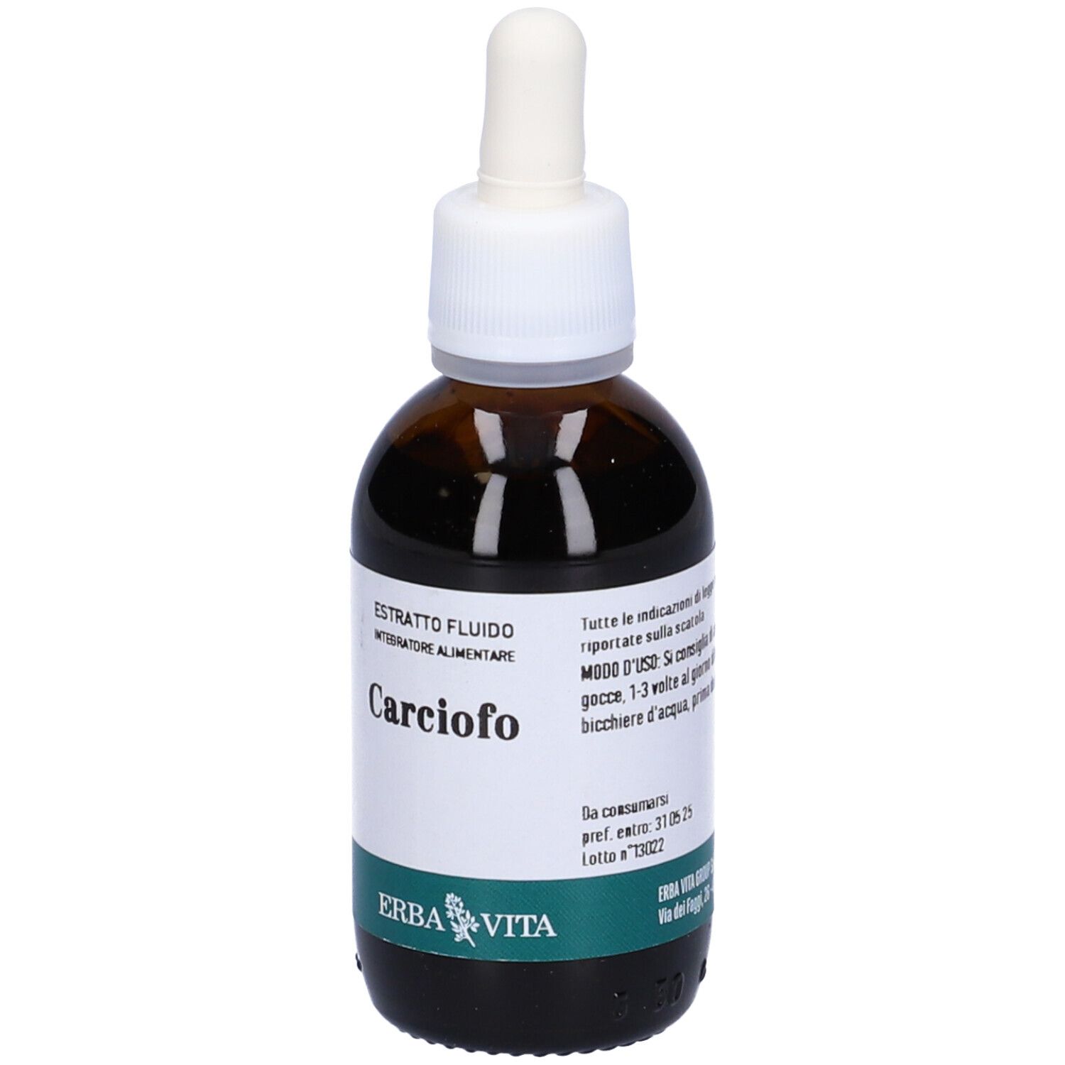 Flacone di vetro marrone con contagocce. Etichetta con testo: Carciofo, Estratto Fluido, Integratore Alimentare. Contiene 50 ml.