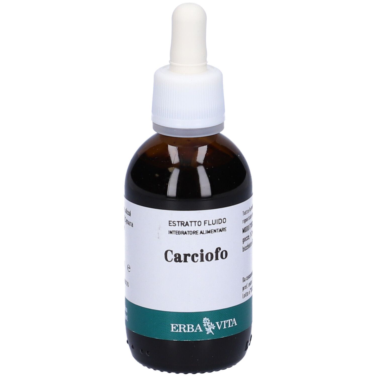 Flacone di vetro marrone con contagocce. Etichetta con testo: Carciofo, Estratto Fluido, Integratore Alimentare. Marchio: Erba Vita.