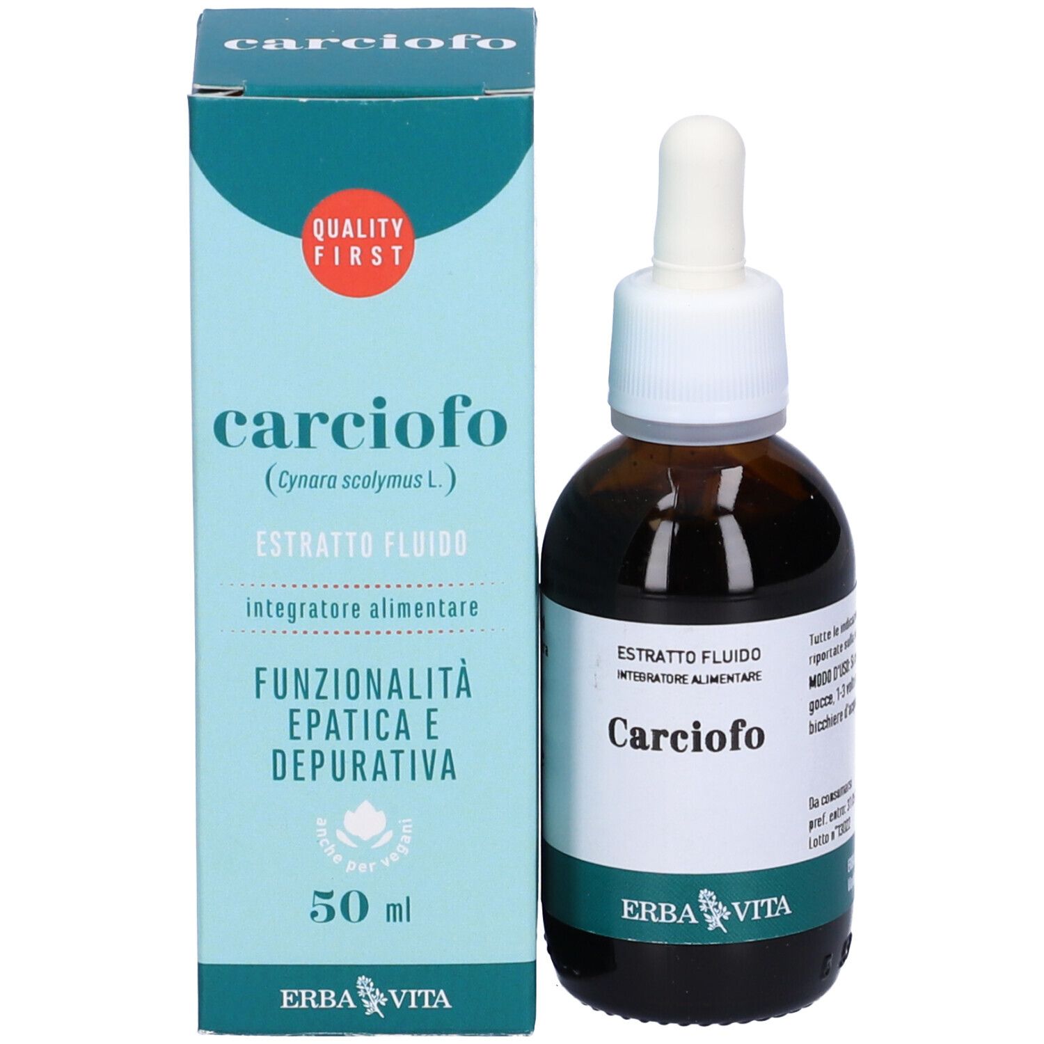 Confezione prodotto con flacone e contagocce. Testo: Carciofo, Estratto Fluido, Integratore Alimentare. Contiene 50 ml. Marchio: Erba Vita.