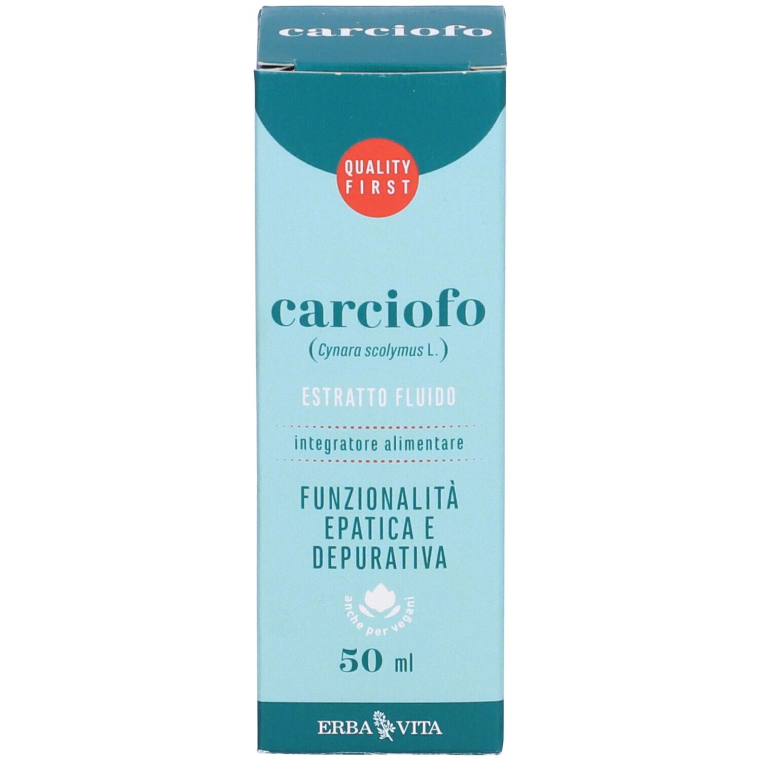 Confezione prodotto. Testo: Carciofo, Estratto Fluido, Integratore Alimentare. Contiene 50 ml. Marchio: Erba Vita.