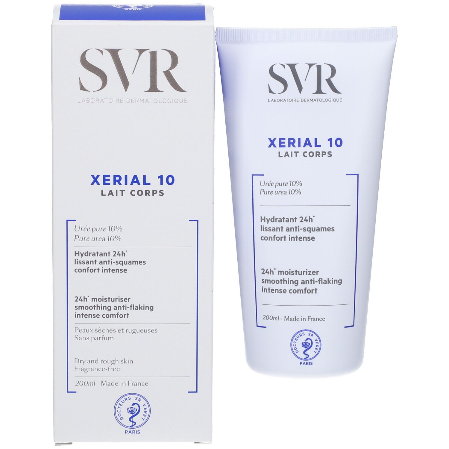 Tubo e scatola. Scritta SVR, Xérial 10 Lait Corps. Testo: Hydratant 24h, anti-squames, comfort intense. 200ml.