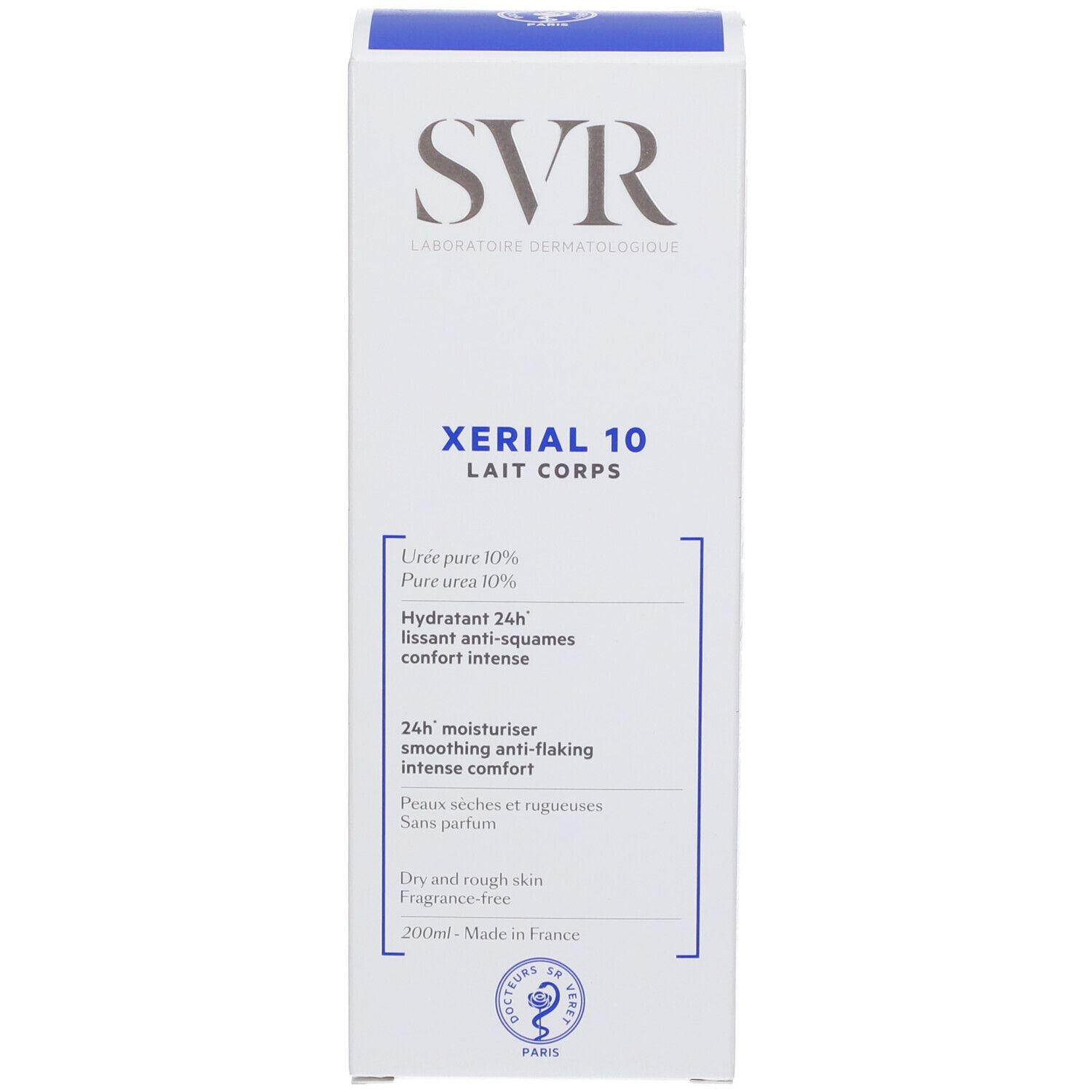 Scatola. Scritta SVR, Xérial 10 Lait Corps. Testo: Hydratant 24h, anti-squames, comfort intense. 200ml.