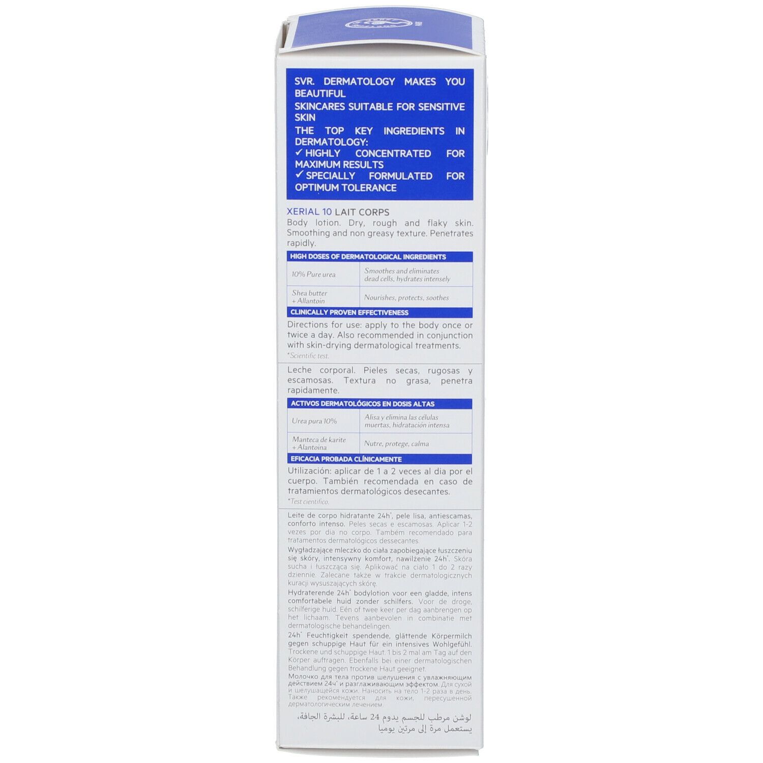 Scatola. Testo: SVR, Xérial 10 Lait Corps. Testo multilingue. Testato dermatologicamente.