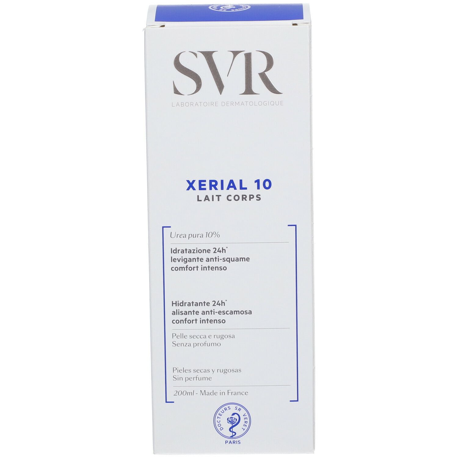 Scatola. Scritta SVR, Xérial 10 Lait Corps. Testo: Hydratant 24h, anti-squames, comfort intense. 200ml.