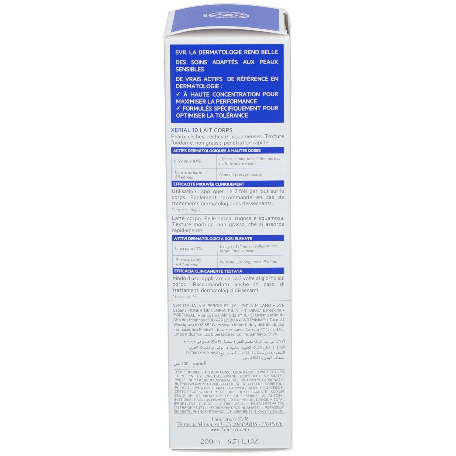 Scatola. Testo: SVR, Xérial 10 Lait Corps. Testo multilingue. Testato dermatologicamente. 200ml.