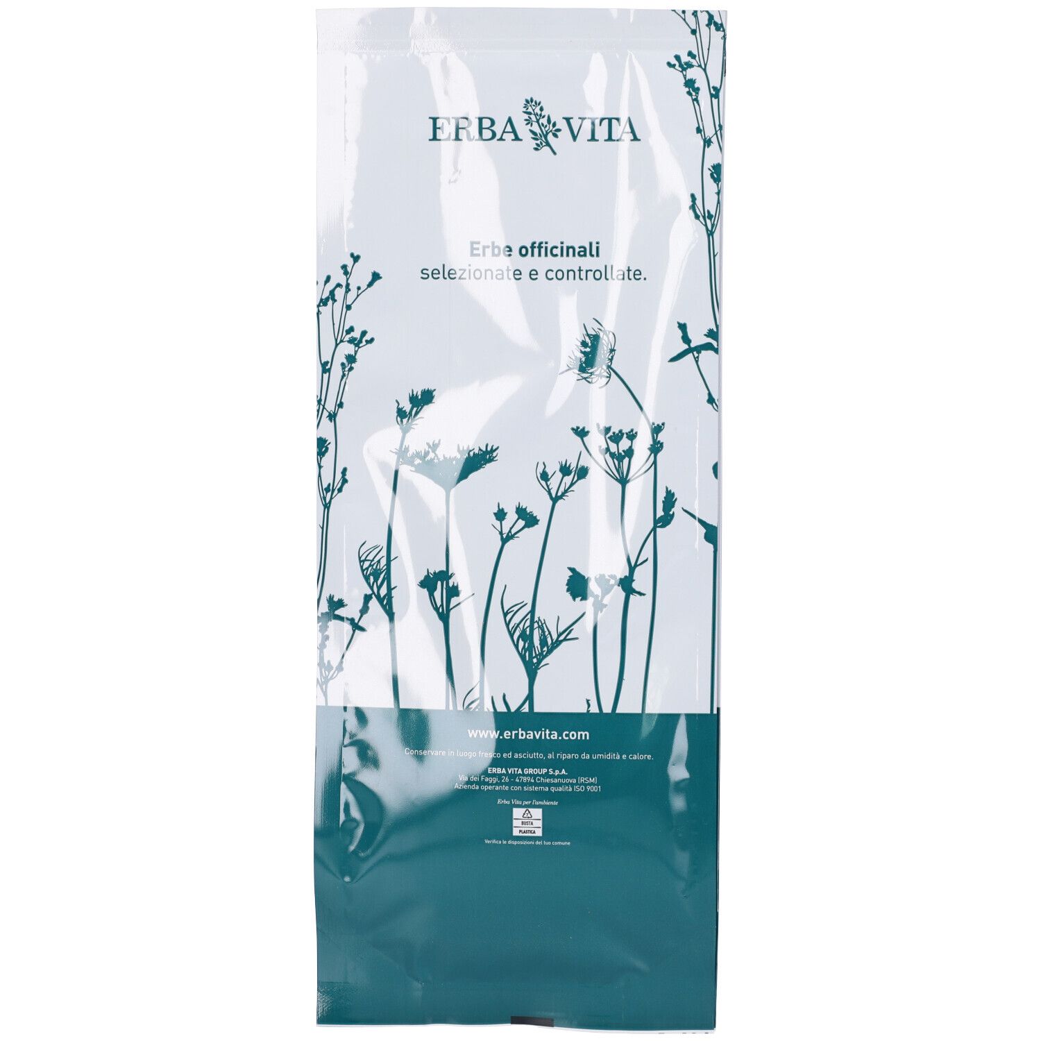 Retro della confezione di curcuma. Sacchetto bianco con motivo floreale e logo Erba Vita.