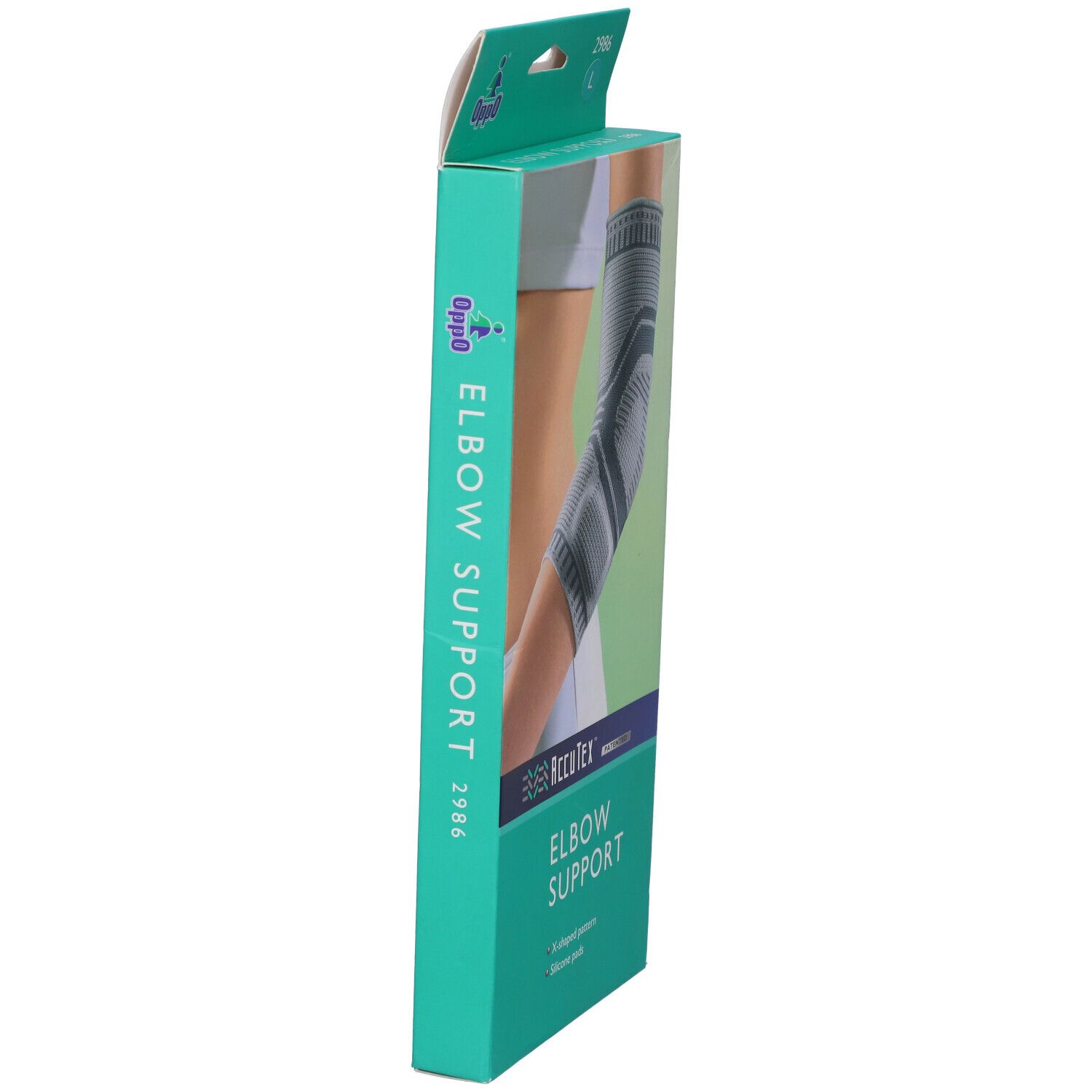 Confezione del supporto per gomito Oppo 2986 L. AccuTex Elbow Support. Vista laterale, verde e bianco.