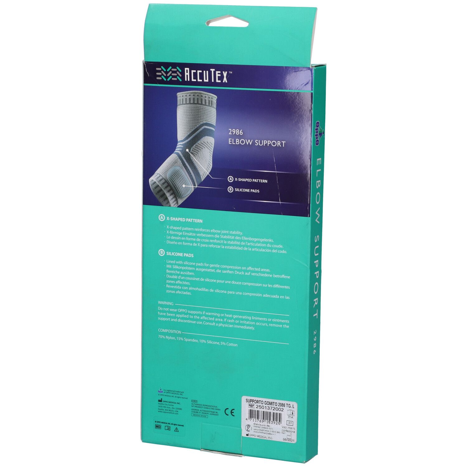 Retro della confezione del supporto per gomito Oppo 2986 L. AccuTex Elbow Support. Informazioni e certificazioni.