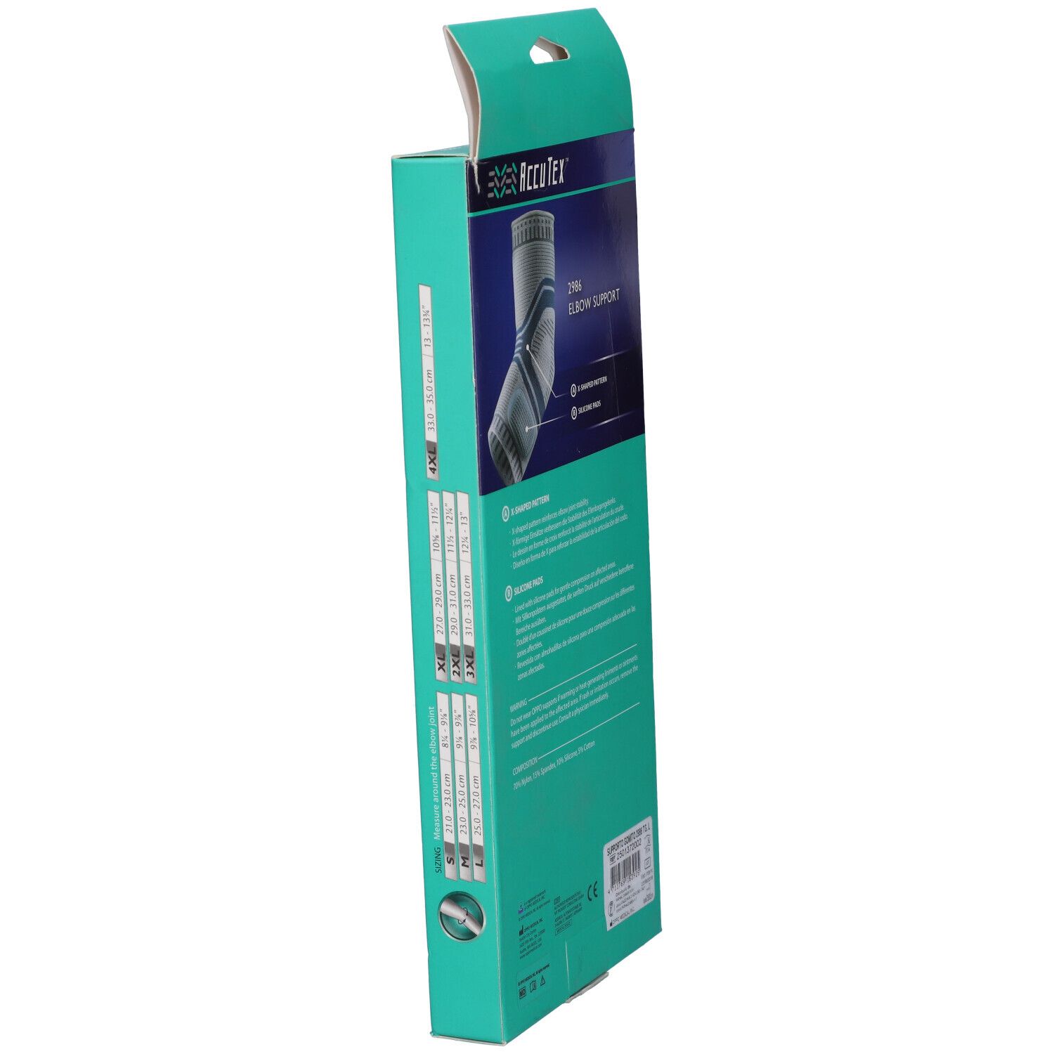 Vista laterale della confezione del supporto per gomito Oppo 2986 L. AccuTex Elbow Support. Informazioni.