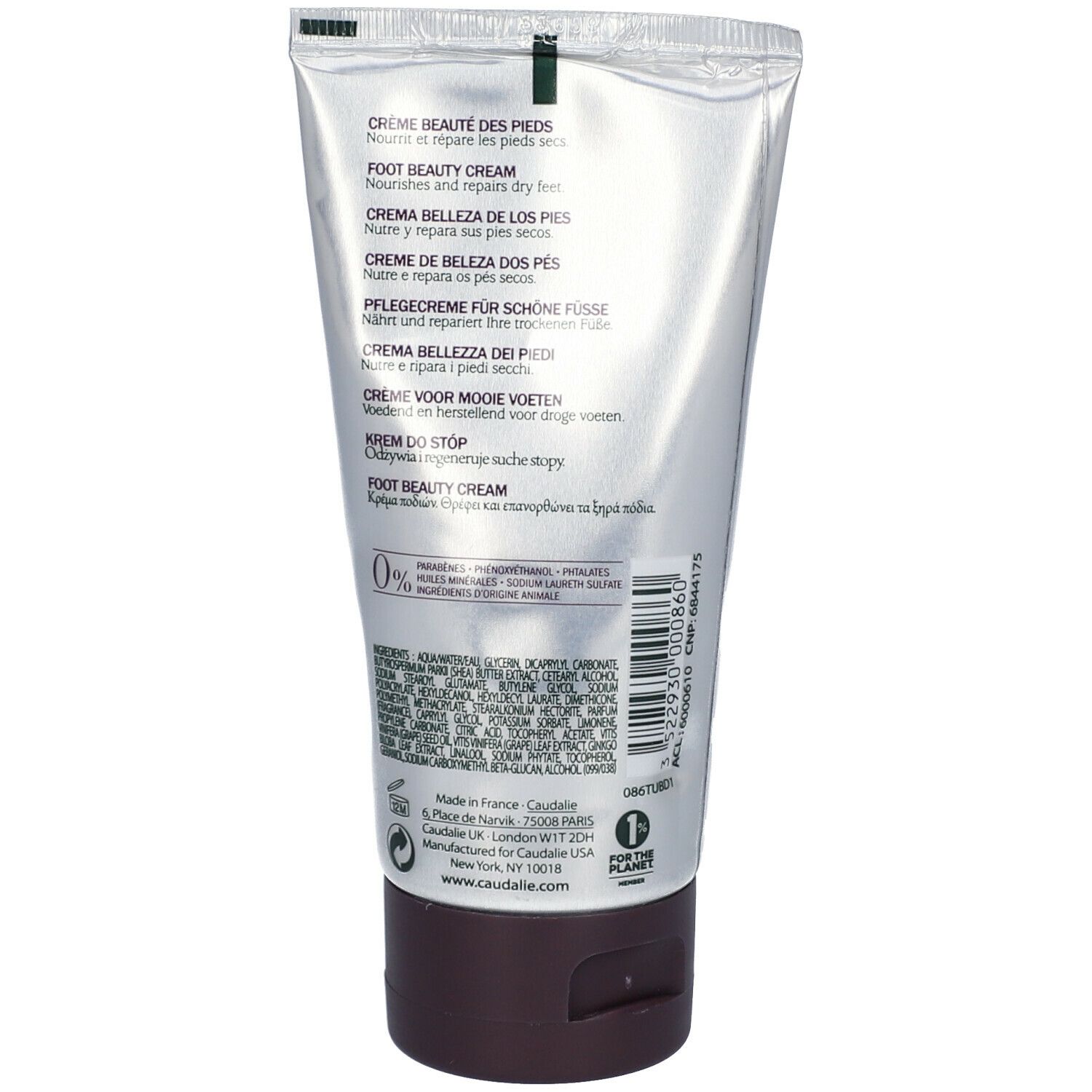 Retro del tubo di crema. Testo multilingue: CRÈME BEAUTÉ DES PIEDS, FOOT BEAUTY CREAM. Ingredienti, informazioni produttore.