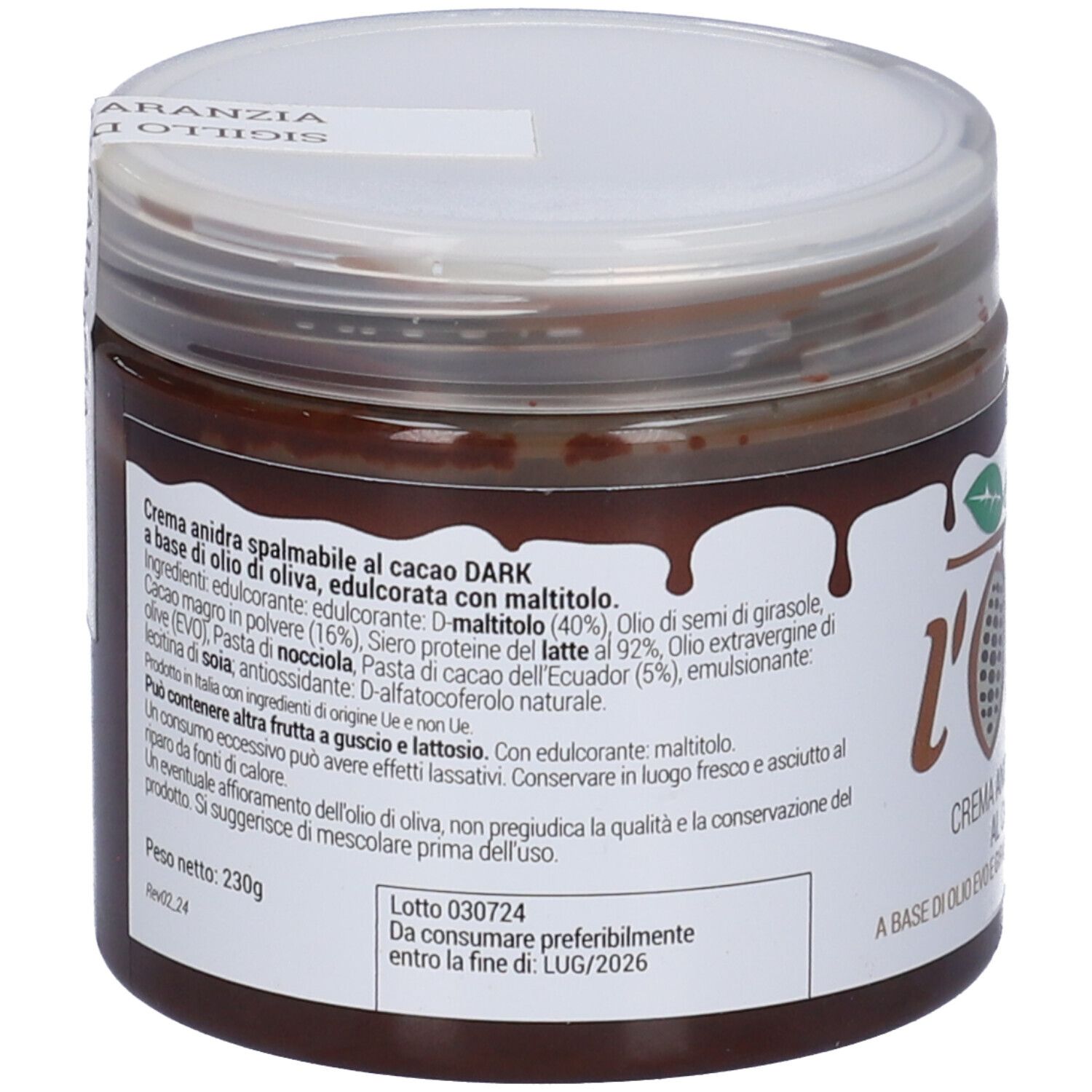 Retro del vaso di crema scura. Testo: Crema anidra spalmabile al cacao DARK. Elenco ingredienti e data di scadenza.