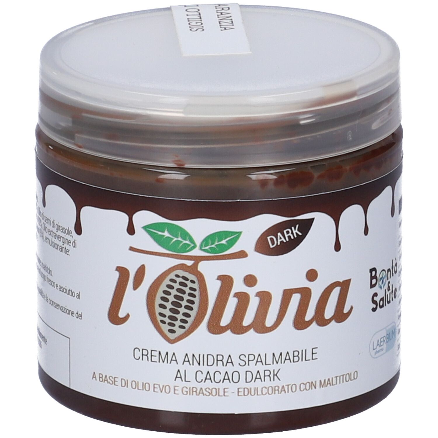 Vaso di crema scura. Scritta: l'Olivia, Crema Anidra Spalmabile Al Cacao Dark. Coperchio con scritta.