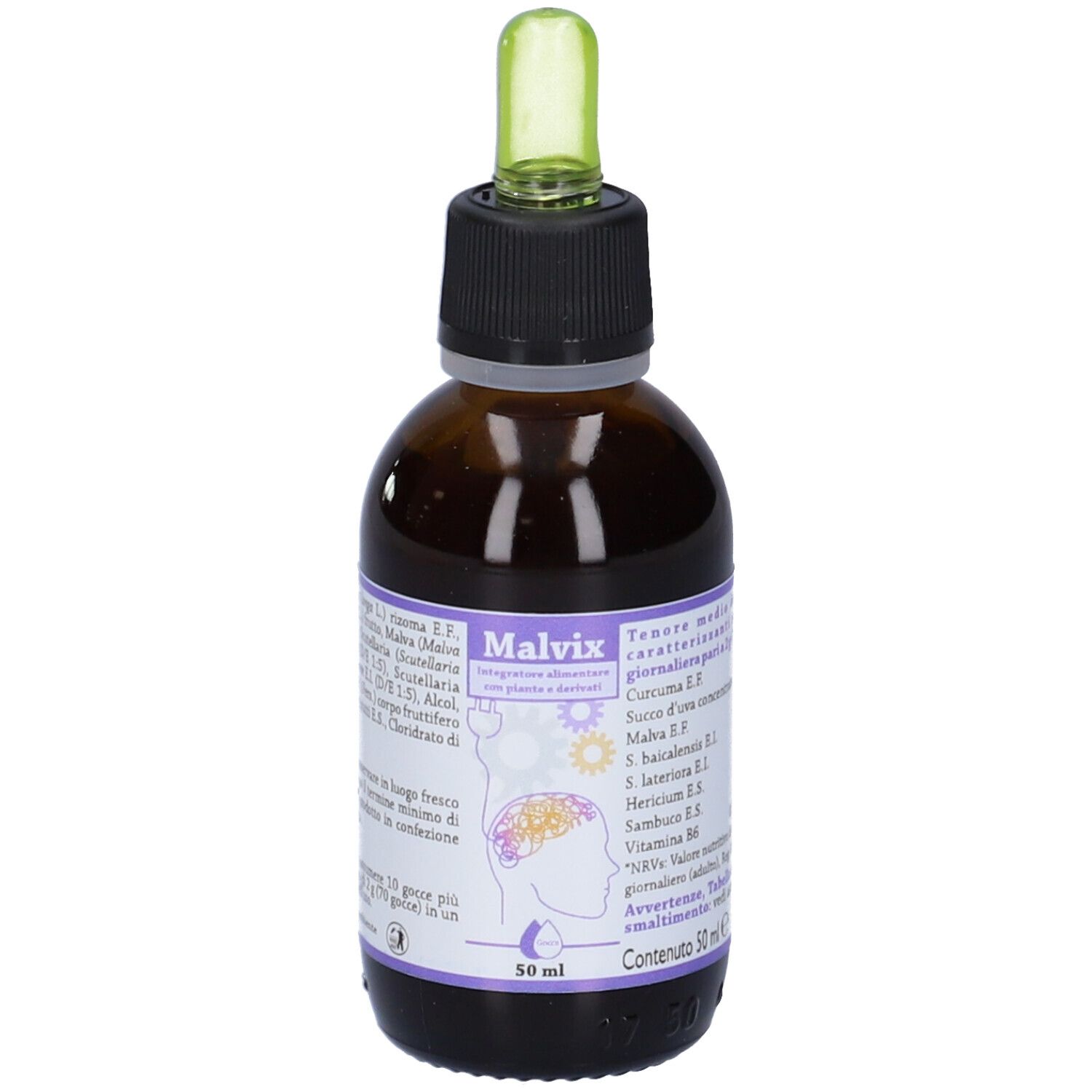 Flacone di vetro marrone con contagocce. Scritta Malvix, 50 ml. Con elenco ingredienti e illustrazioni.