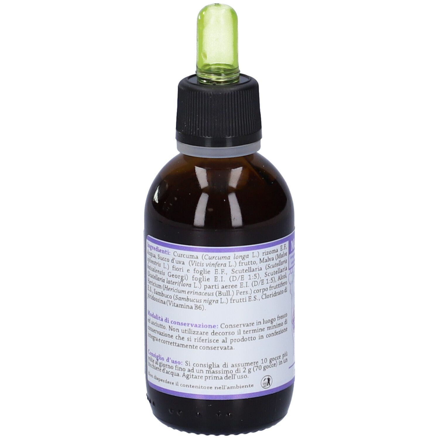 Flacone di vetro marrone con contagocce. Scritta Malvix, 50 ml. Con elenco ingredienti e informazioni produttore.