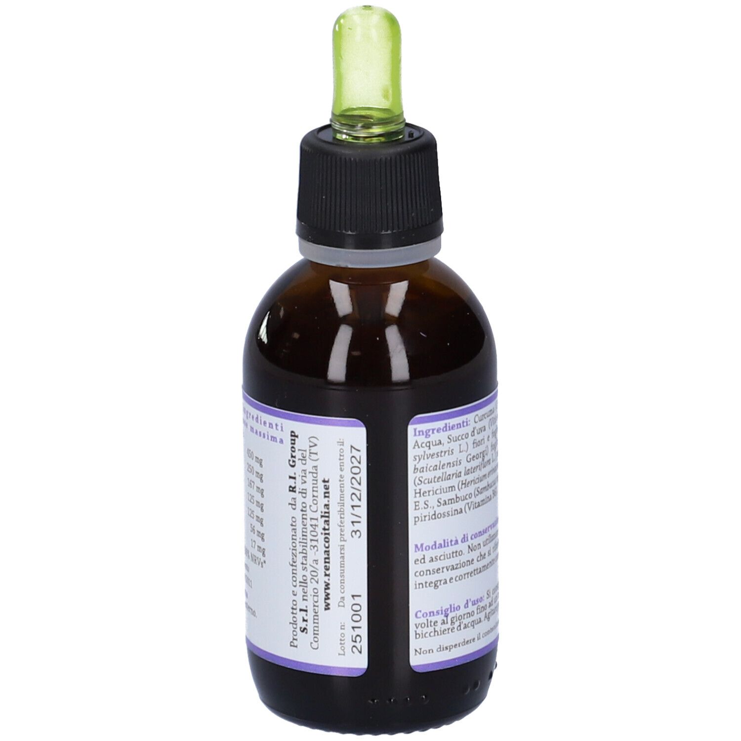 Flacone di vetro marrone con contagocce. Scritta Malvix, 50 ml. Con elenco ingredienti e data di scadenza.