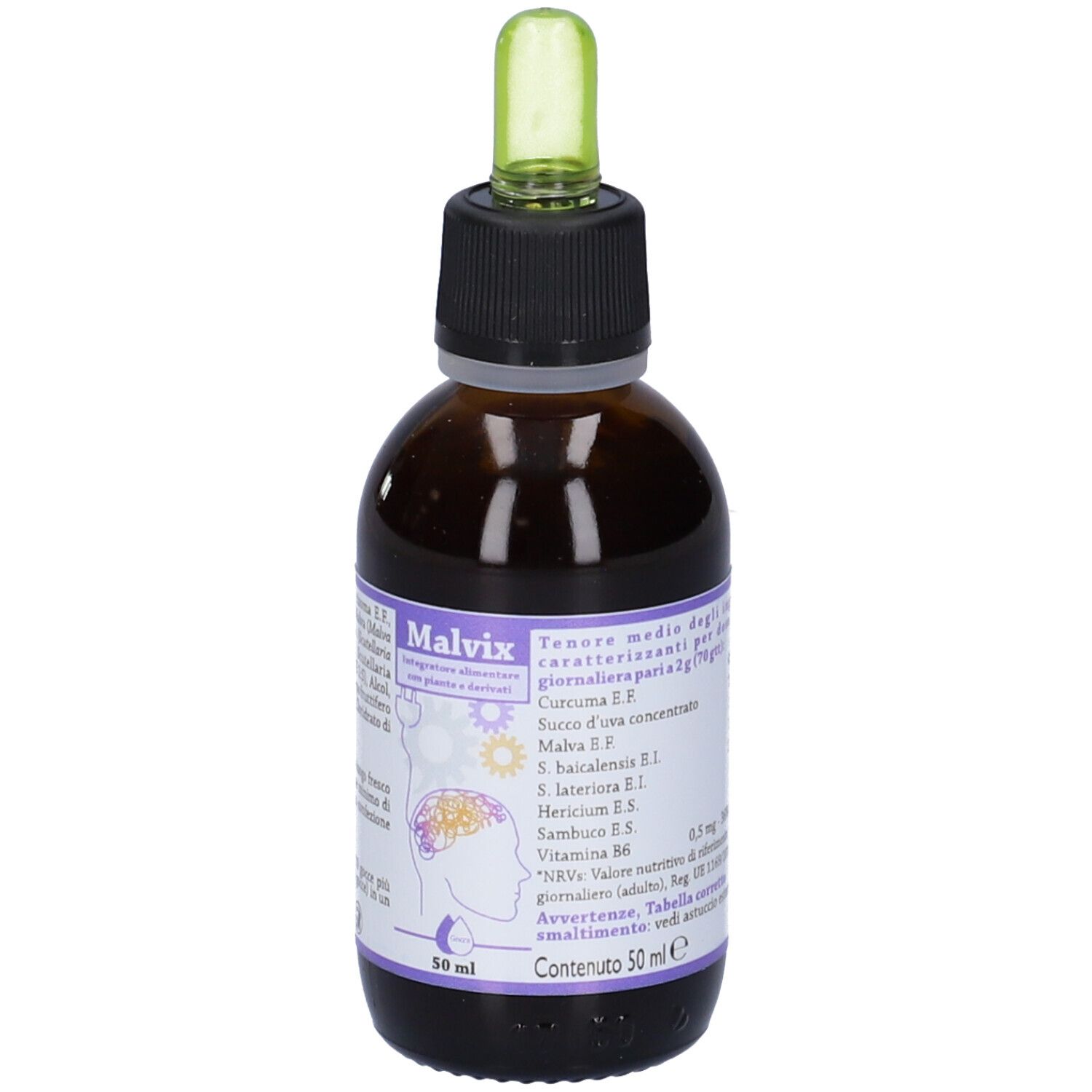 Flacone di vetro marrone con contagocce. Scritta Malvix, 50 ml. Con informazioni nutrizionali e ingredienti.