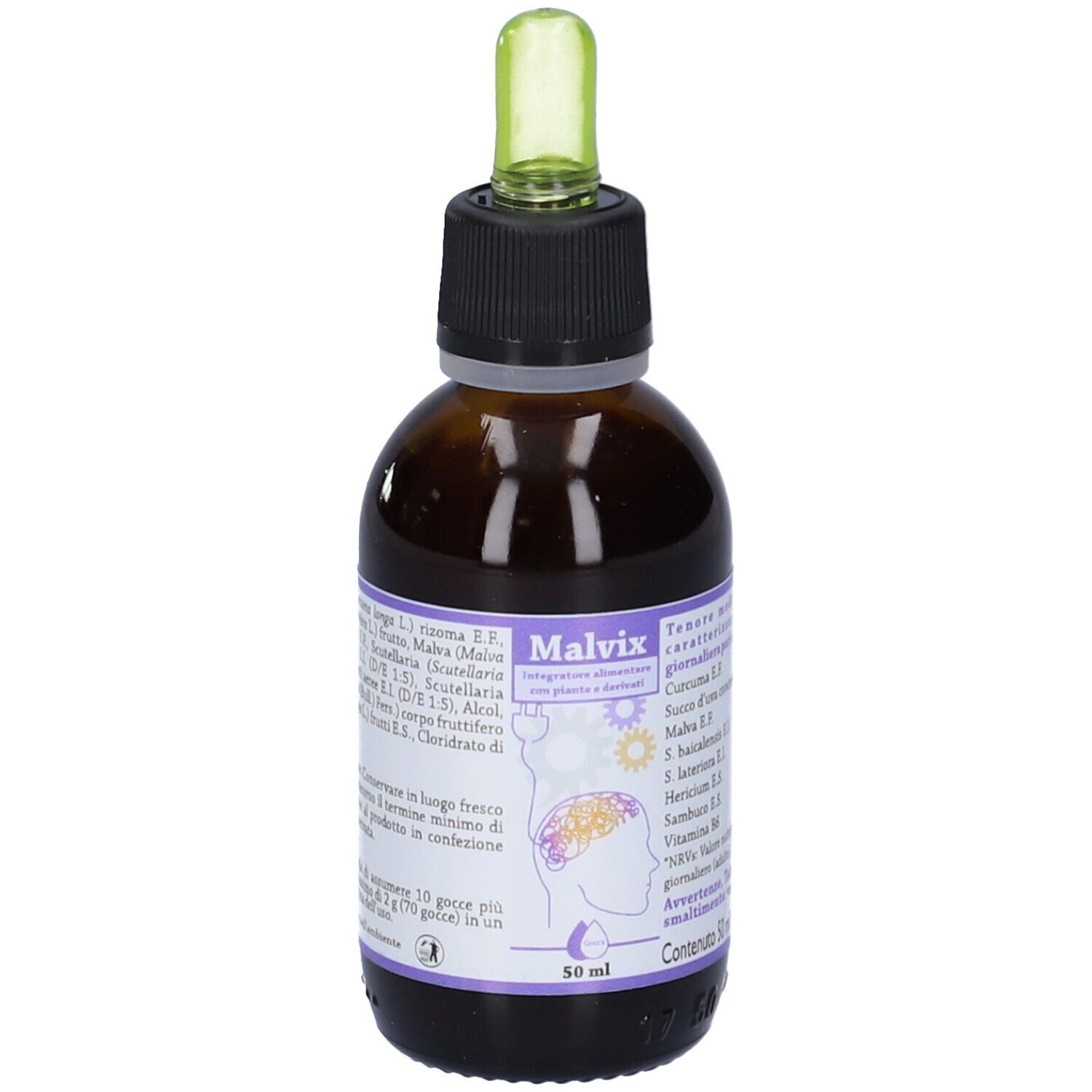 Flacone di vetro marrone con contagocce. Scritta Malvix, 50 ml. Con elenco ingredienti e illustrazioni.