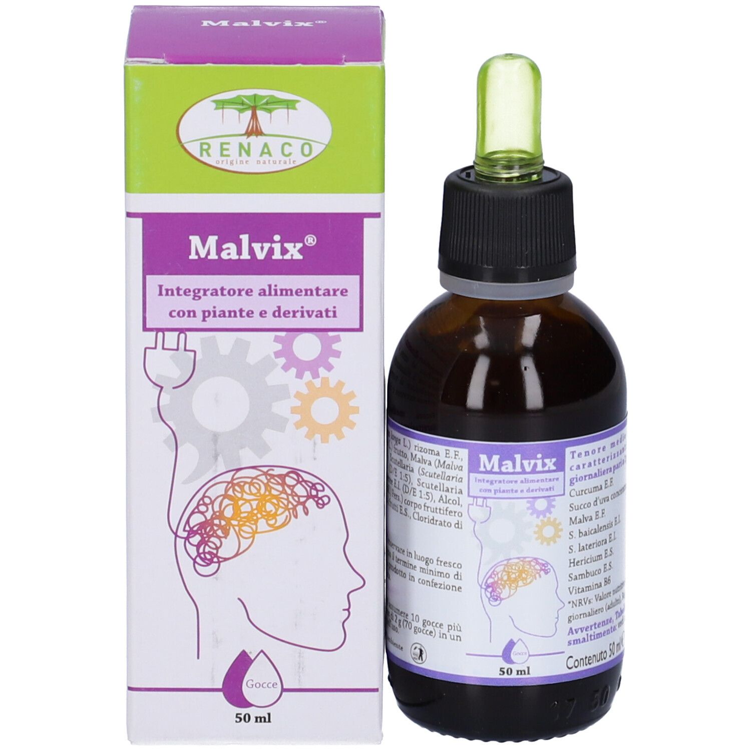 Flacone di vetro marrone con contagocce e confezione. Scritta Malvix, 50 ml. Con logo e testo.