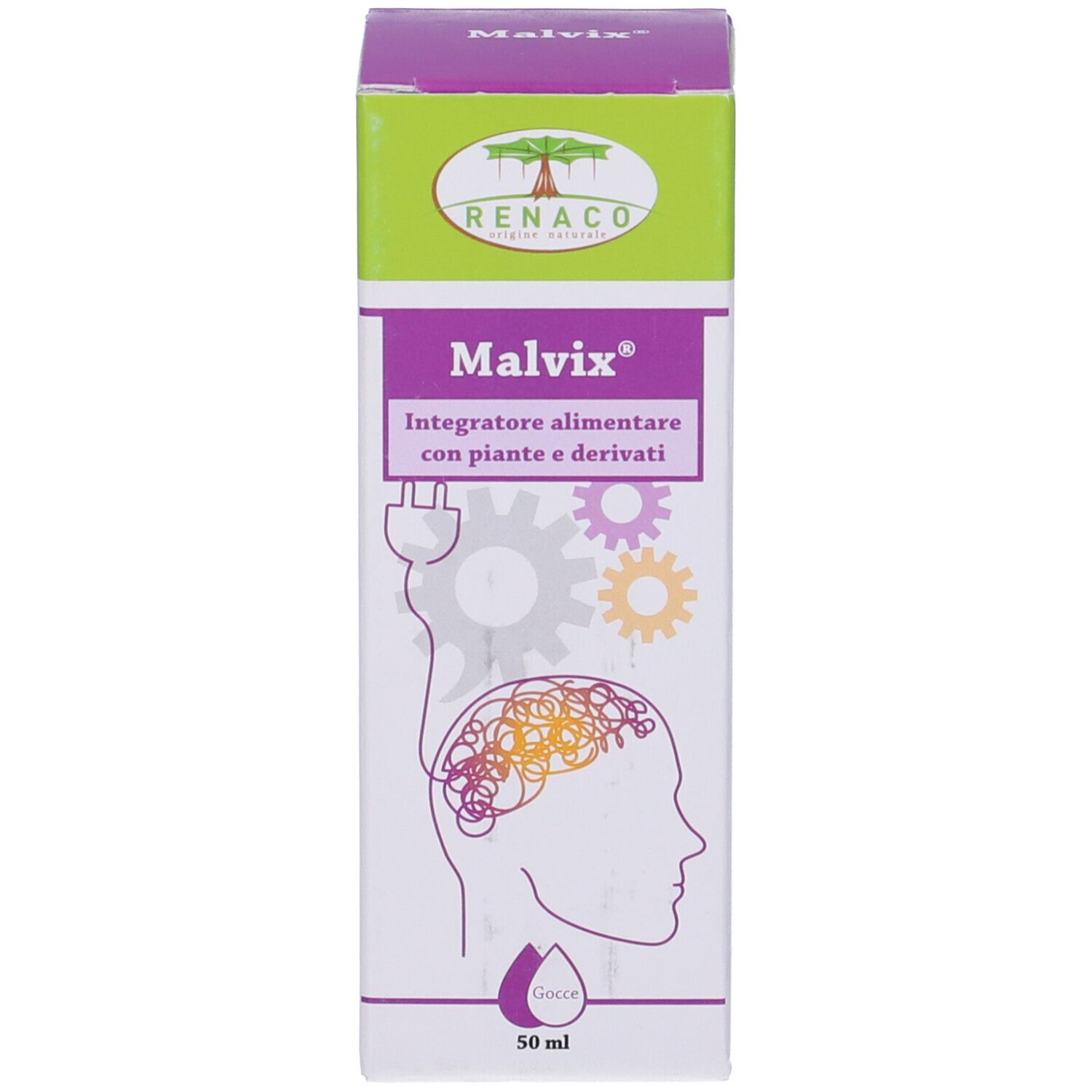Confezione per Malvix. Verde-bianco con logo e nome del prodotto. Contiene 50 ml.