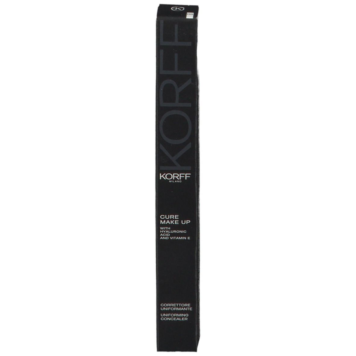Confezione nera. Scritta: KORFF, Cure Make Up, con acido ialuronico e vitamina E. Correttore.