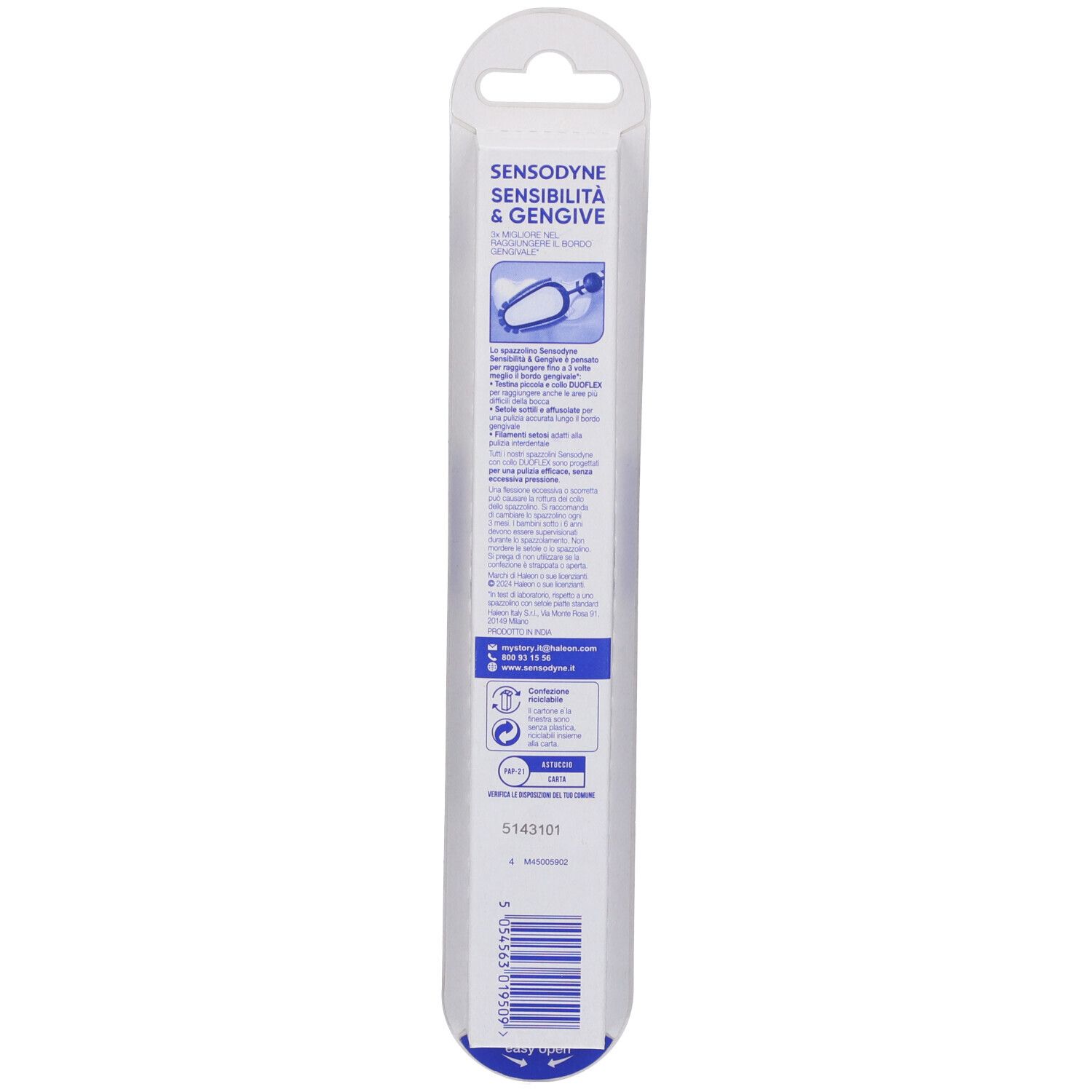 Confezione di SENSODYNE®. Retro con testo, logo del marchio e marchi di qualità. Design bianco con accenti blu.