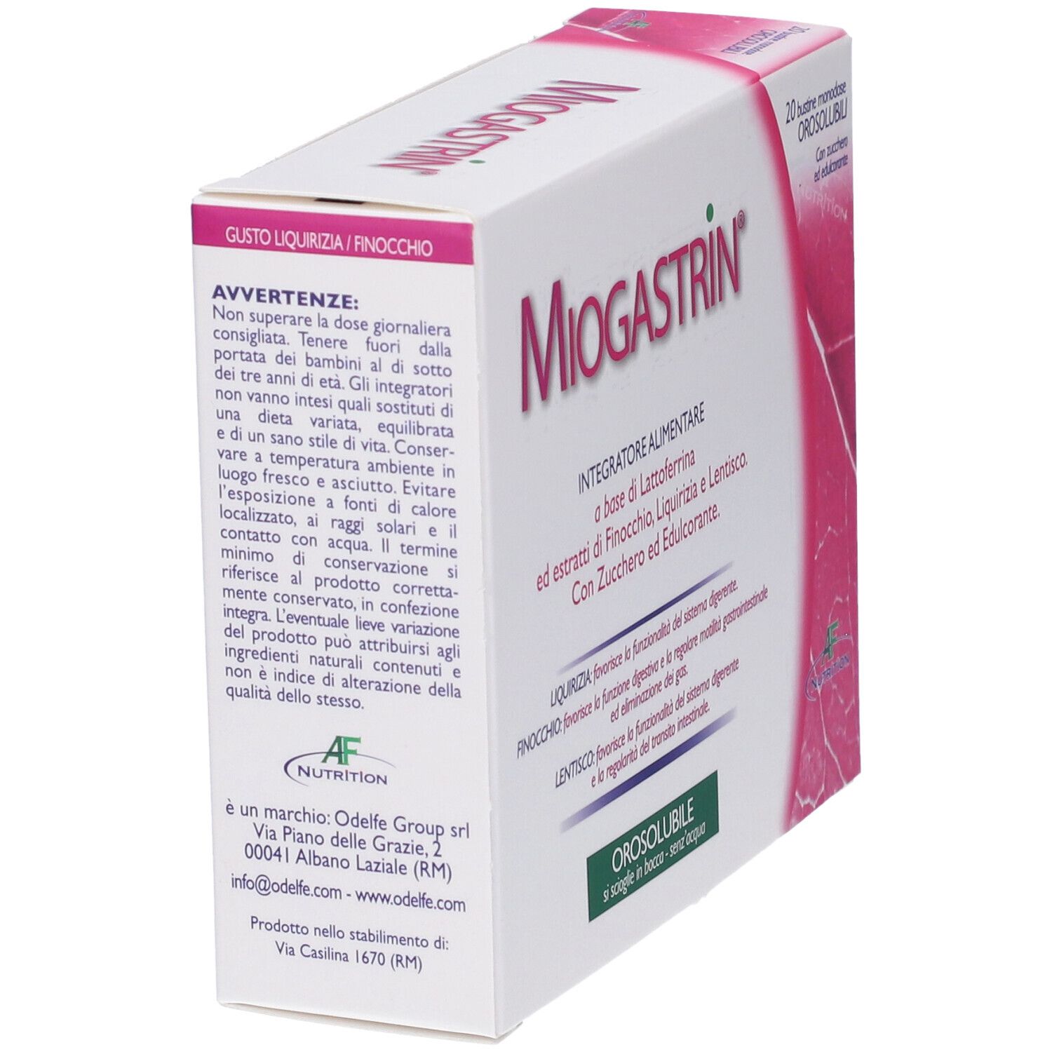 Scatola MIOGASTRIN bianca e rosa. Contiene Lattoferrina, Finocchio, Liquirizia e Lentisco. Retro della scatola.