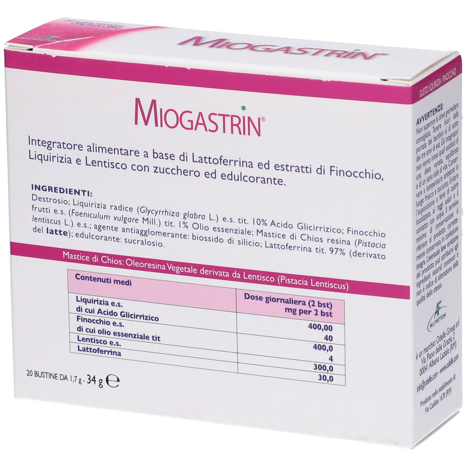 Scatola MIOGASTRIN bianca e rosa. Contiene Lattoferrina, Finocchio, Liquirizia e Lentisco. Tabella ingredienti.